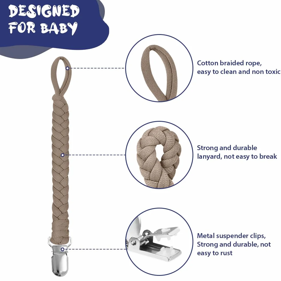 Aolso Catenella Portaciuccio, 4 Pezzi Catenella Ciuccio con 4 Pezzi Anello Adattatore Clip, Stile intrecciato Catena per Ciuccio in Cotone, per Regalo Nascita Battesimo Baby Compleanno Natale-marrone