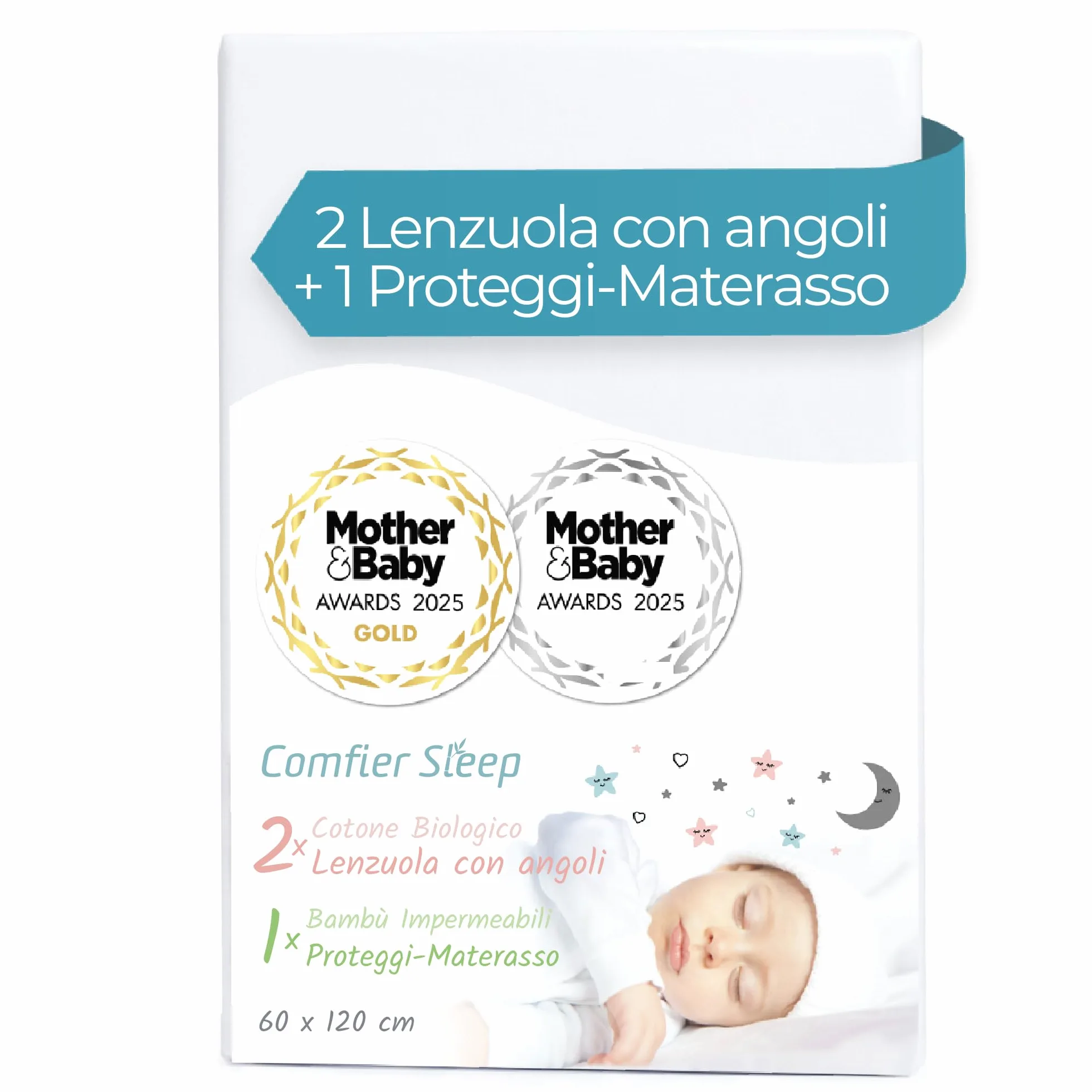 Comfier Sleep Set 3 Pezzi Con 2 Lenzuola Lettino Neonato 60x120 100% Cotone Con Angoli Biologico e 1 Coprimaterasso Lettino 60x120 100% Bambù Impermeabile, Bianco