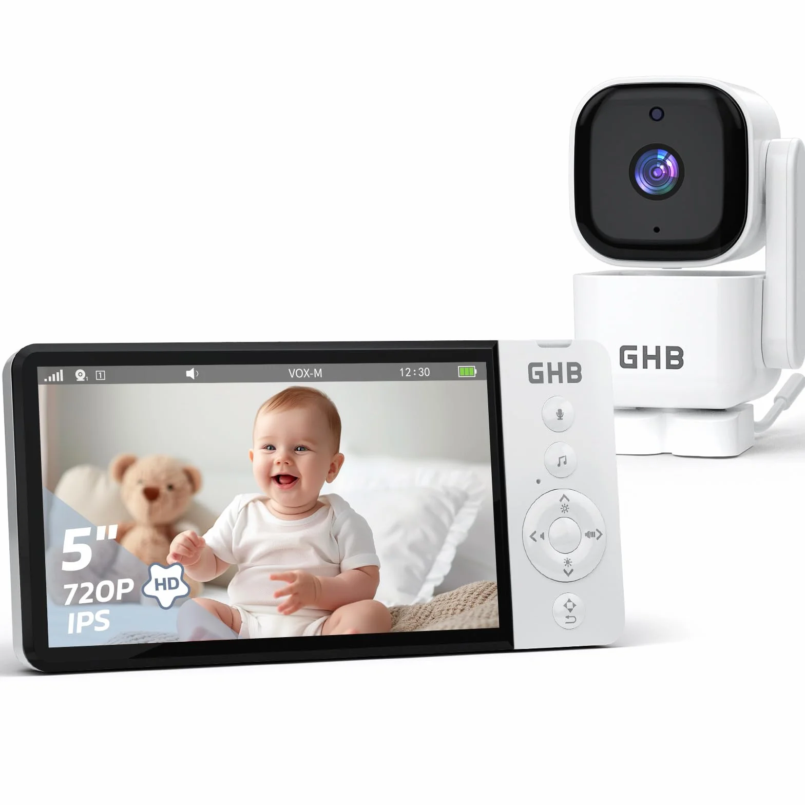GHB Baby Monitor Video e Audio 5'' 720HD IPS 5000mAh Schermo, 350° Telecamera Rotante, Rilevamento della Temperatura, Interfono Bidirezionale, VOX, Visione Notturna, Ninne Nanne