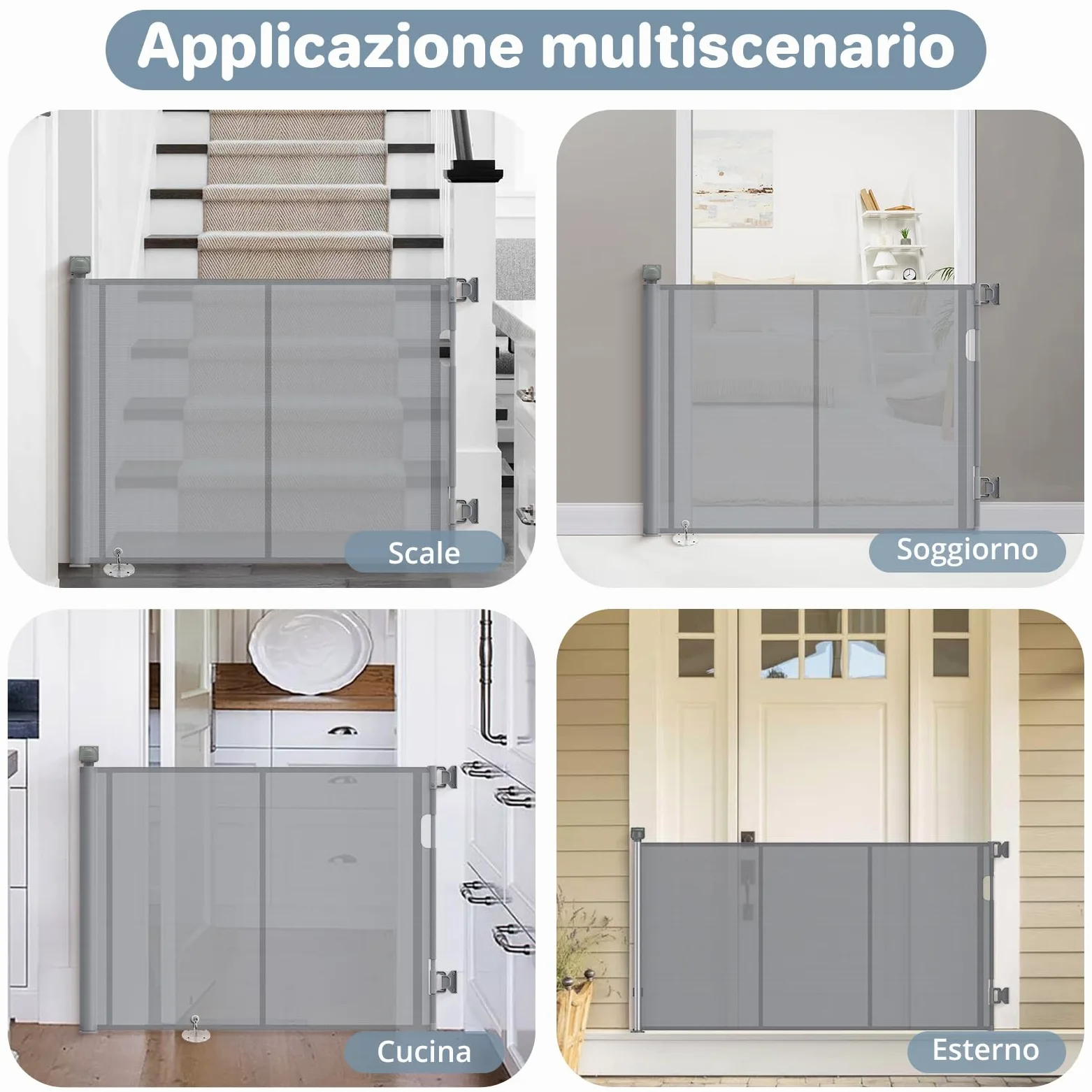Cancelletto di Sicurezza Retrattile per Bambini, 0-140 cm, Cancelletto di Sicurezza per Cani, Cancello Bambini Adatto per Scale, Corridoi, Interni ed Esterni Grigio