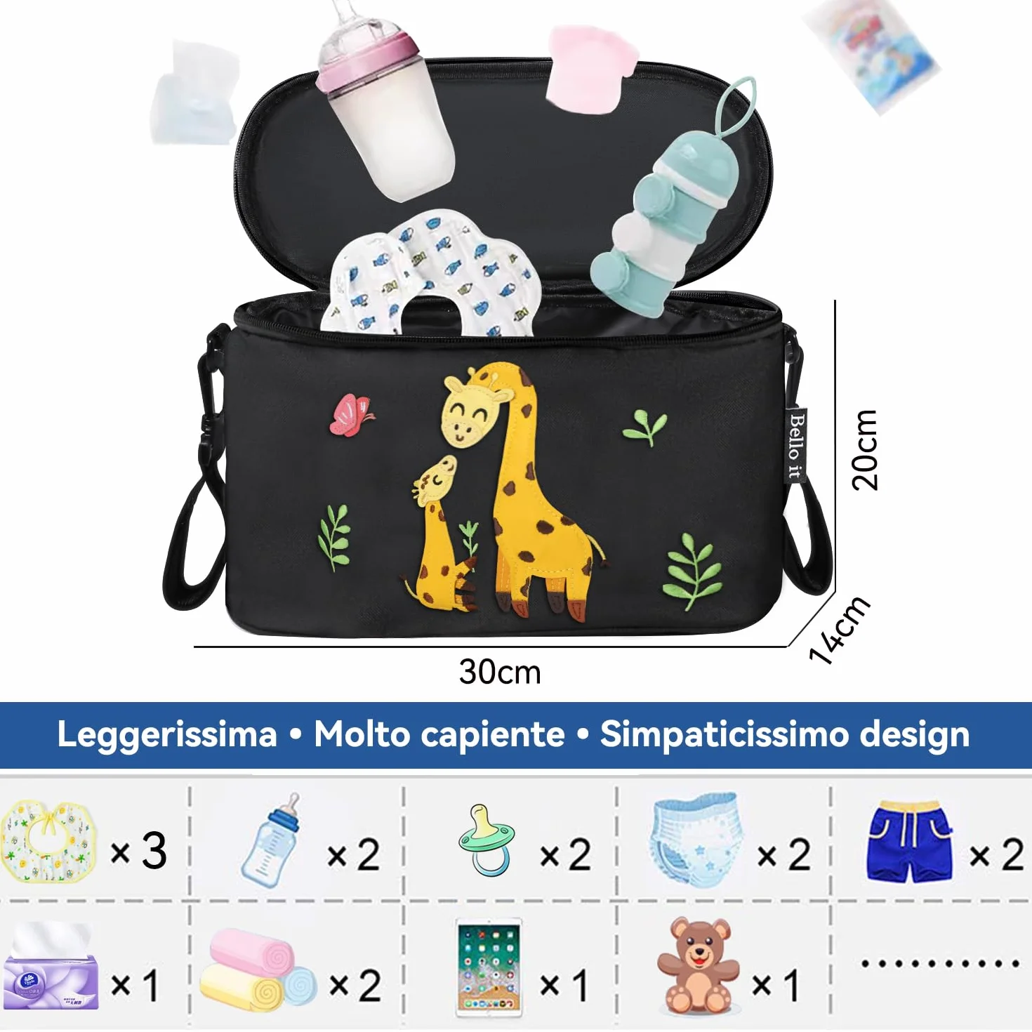 Borsa per Passeggino,Organizer per Passeggino o Carrozzina, Borsa da Passeggino Piccola Dei Animati Cartoni Design, Leggera e Capiente (Giraffa (Nero))