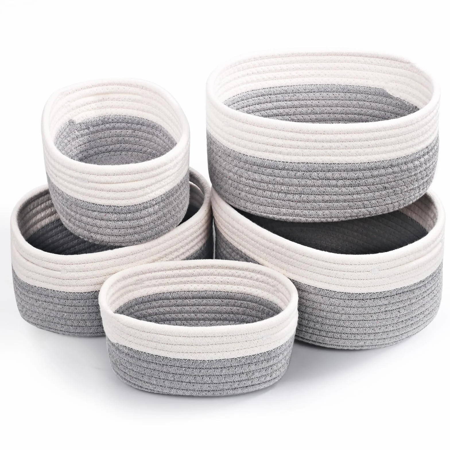 Set di 5 Cestini Portaoggetti,Piccoli Cestini in Cotone Intrecciato per Camera, Bagno e Mensole,Corda di Cotone per Bambini Bambina,Impilabile Organizer Fasciatoio