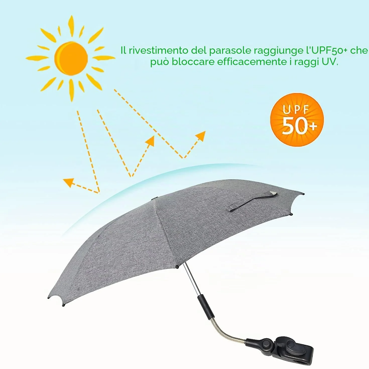 Ombrellone per Passeggino, 72cm 50+ UV Ombrello Universale per Bambini e Neonati Protezione Solare con Manico ad Ombrello per Carrozzina & Passeggino - Grigio