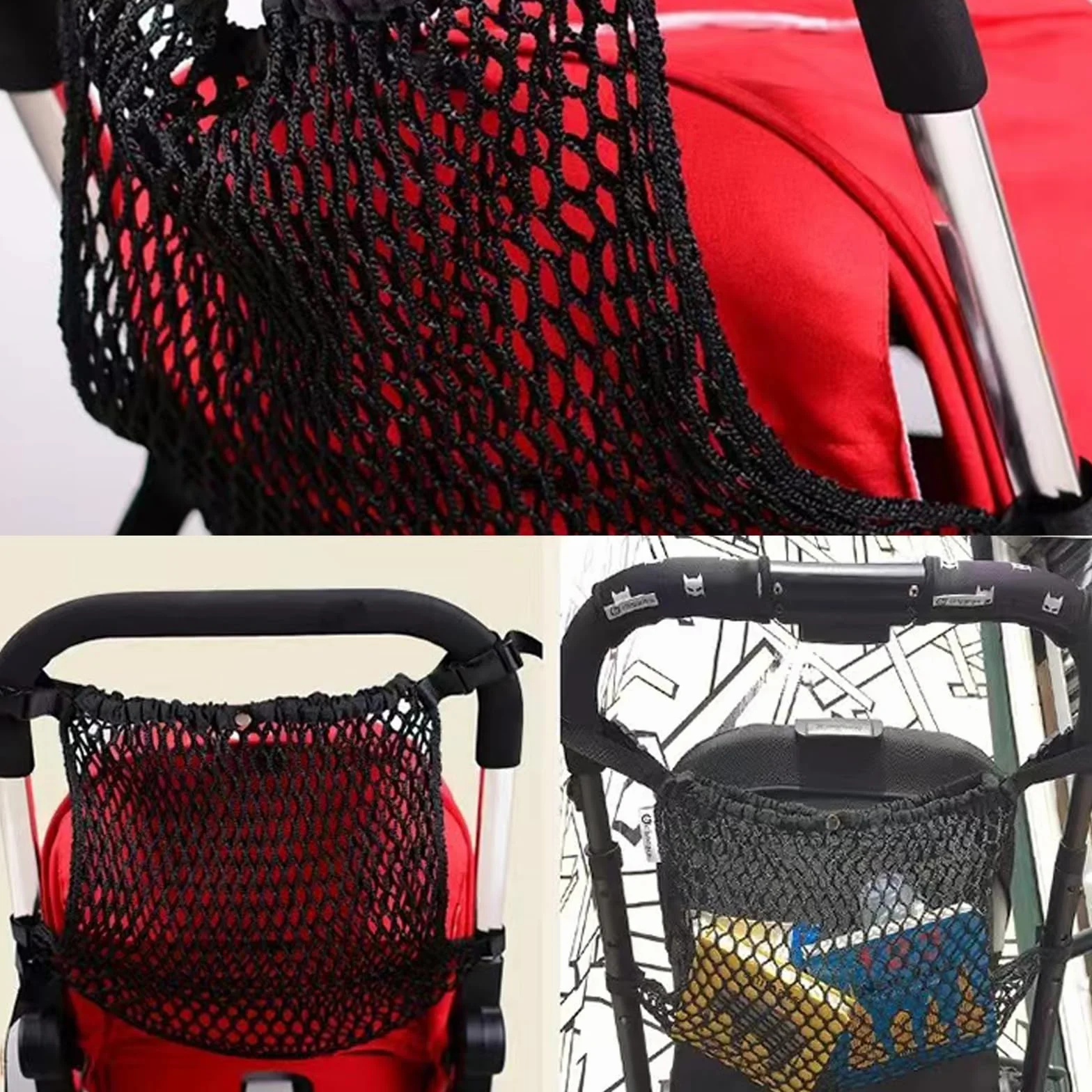 Nero Tasca a Rete per Passeggino, Borsa in Rete per Passeggini, Universale Rete per la Spesa per Carrozzina, Rete Tasca Portaoggetti Organizer per Passeggino Carrello Jogger
