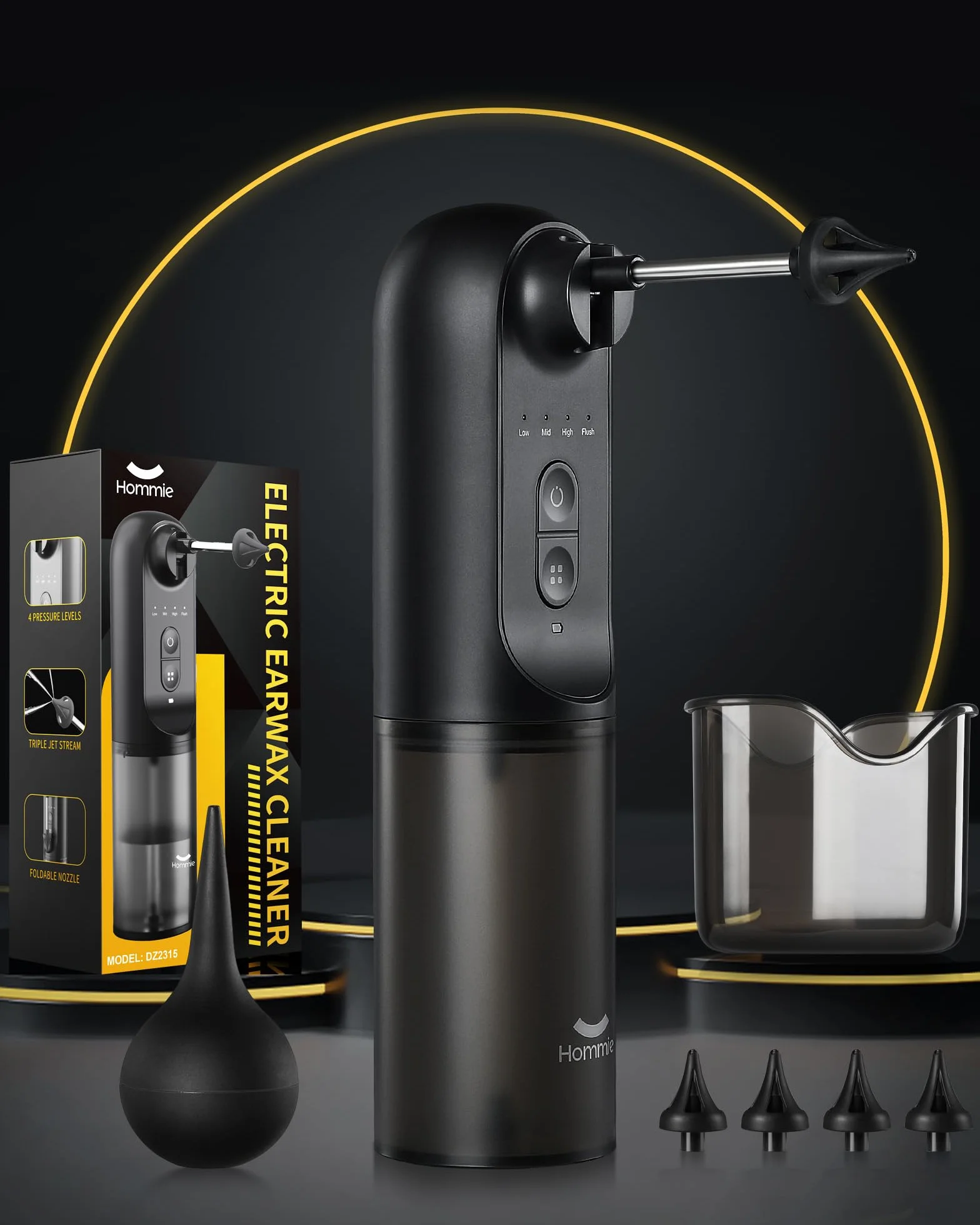Hommie Kit Elettrico per la Rimozione del Cerume, Impermeabile IPX7 Kit di Irrigazione per la Pulizia delle Orecchie con 4 Punte Riutilizzabili