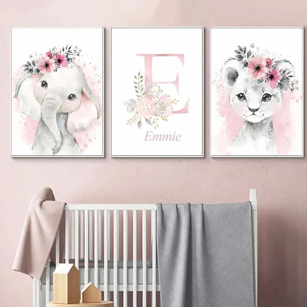 3 Quadri Personalizzati Nome Nascita Stampe Animali Cameretta Bimbo Rosa 30x 40 cm Quadro Cameretta Bambina Decorativi da Parete Bambini Poster Camera Ragazza Ragazzo Regalo Tela senza Cornice