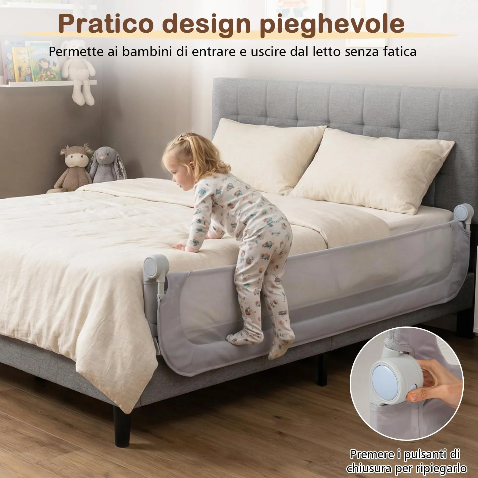 COSTWAY Sponda Letto per Bambini 80/120/150/180/200 cm, Barriera di Sicurezza per Neonati, Altezza Regolabile a 3 Livelli, Barriera Letto Pieghevole, con Cinghia di Sicurezza (200 cm,Grigio)