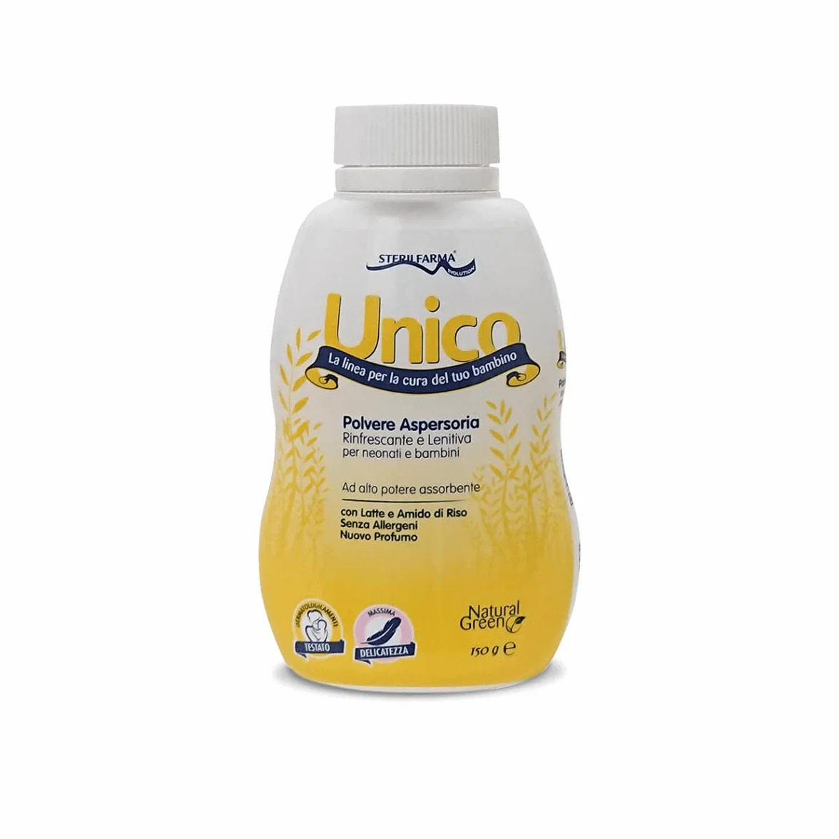 Unico Polvere Aspersoria - PER RINFRESCARE ED ASCIUGARE LA PELLE DEL BAMBINO DOPO IL BAGNETTO - Rinfrescante e lenitiva, con Latte ed Amido di Riso. 150G