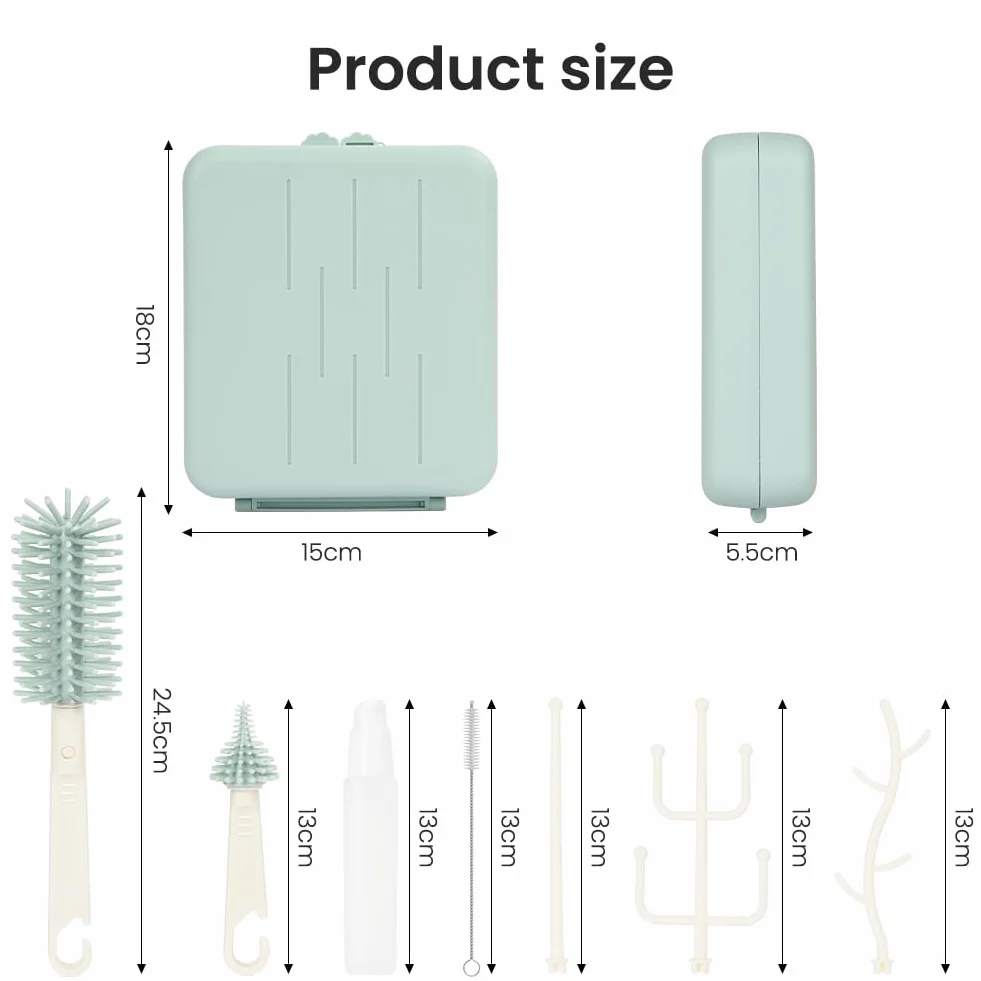 Vicloon 6 in 1 Spazzole per biberon, set da viaggio con spazzola in silicone per biberon/tettarella/cannuccia, dispenser di sapone, stendibiancheria, articoli essenziali da viaggio per neonati (Blu)