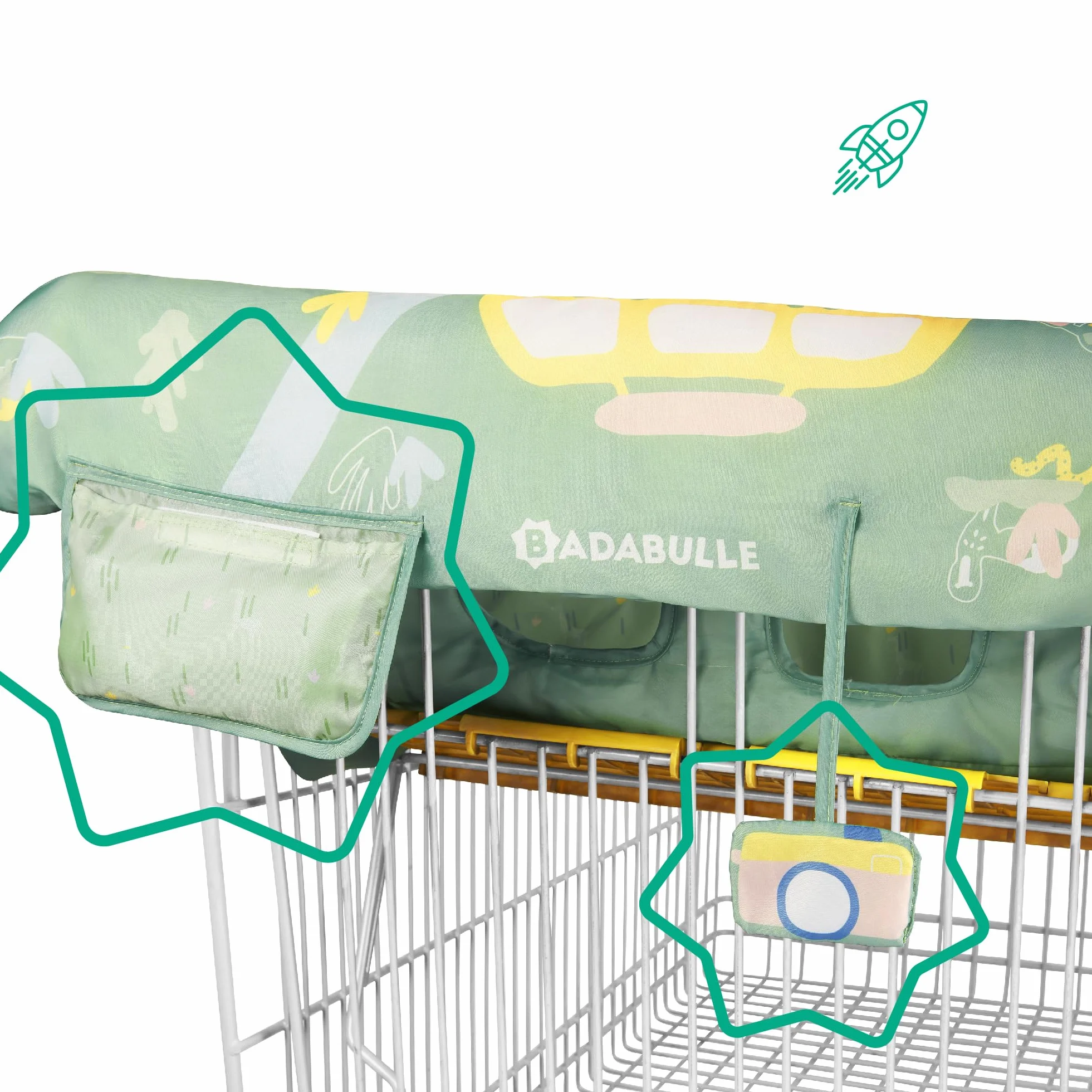 Badabulle Protezione per il sedile del carrello - Universale - Tasca portaoggetti e giocattolo sensoriale integrati - Conservazione ultra compatta