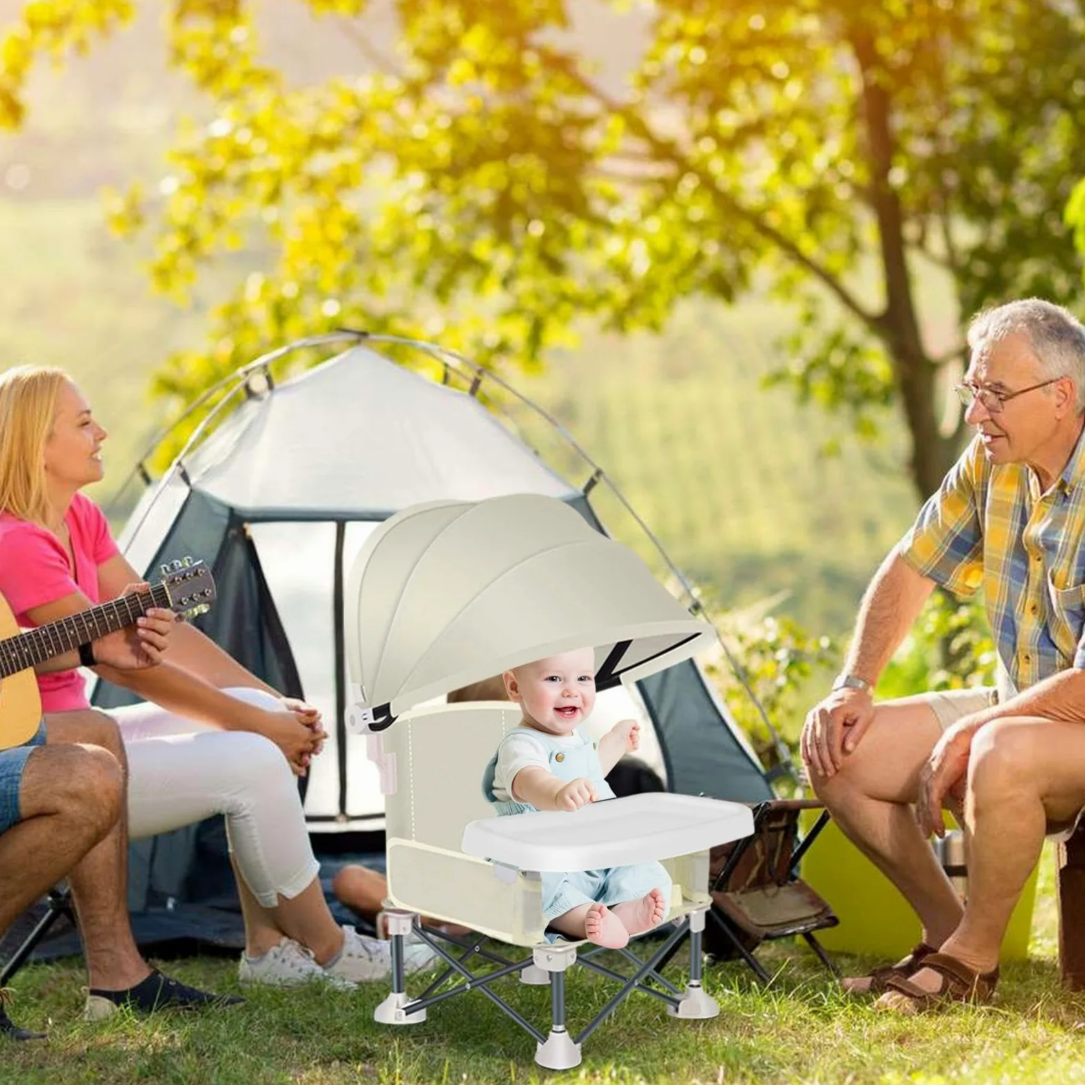 Seggiolone Per Bambini - Seggiolone Da Spiaggia Per Bambini Seggiolino Pieghevole Con Ombrellone E Vassoio Rimovibile, Sedia Per Pappa Per Campeggio, Spiaggia, Prato, Interni Ed Esterni