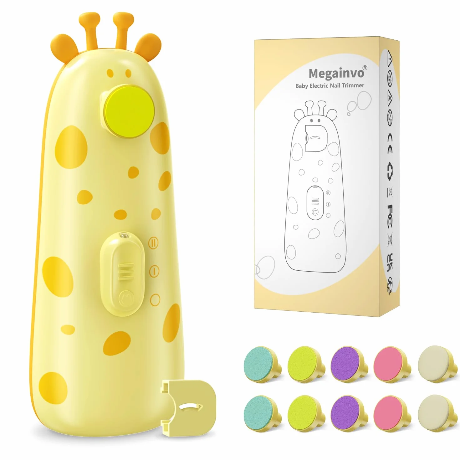 Tagliaunghie Elettrica Lima per Unghie per Bambini Megainvo 13 in 1 Sicura Nails Trimmer Cura per Neonato con 10 Testina di Ricambio e Luce, Giallo