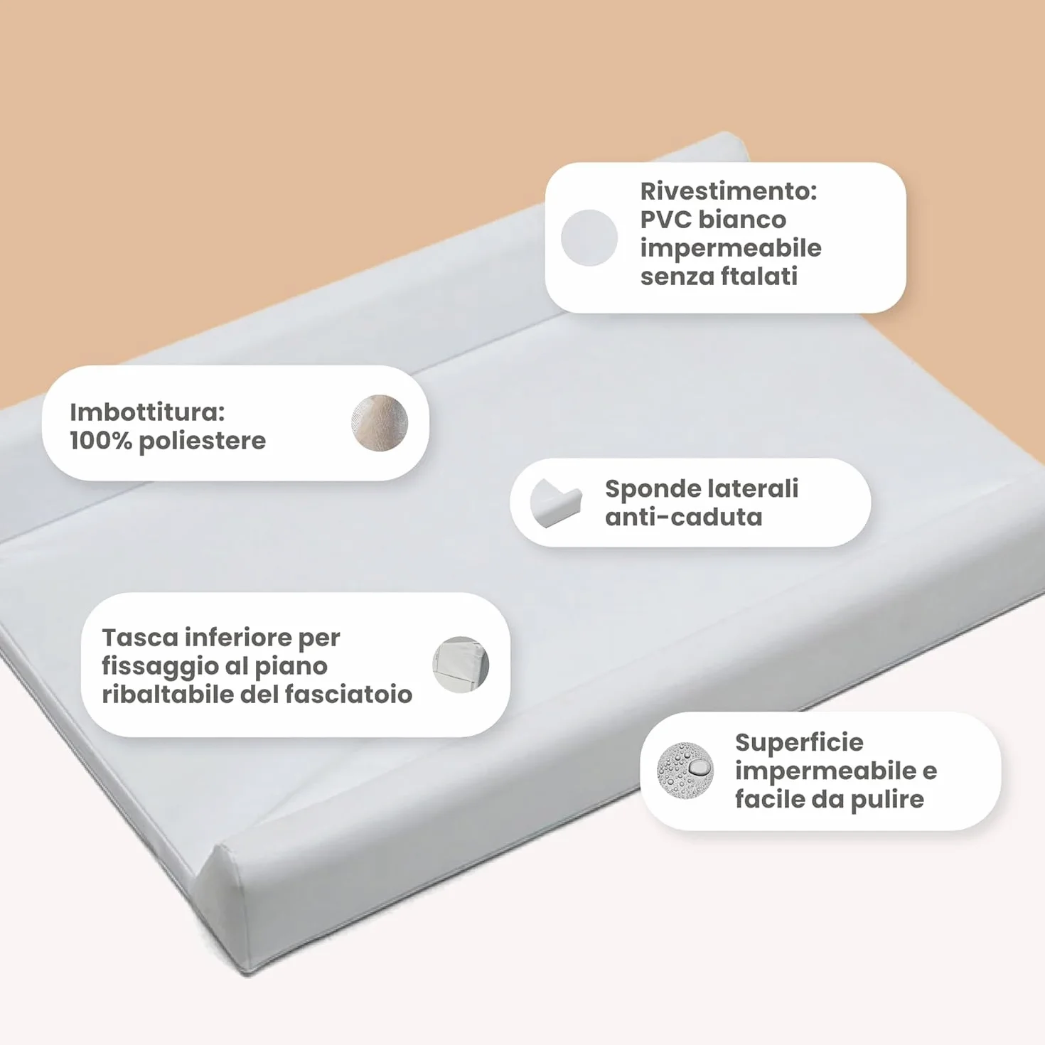 PALLA PALLINA Materassino Fasciatoio Per Cassettiera Con Sponde AntiCaduta 80X9X48 Cm Materasso Fasciatoio Neonato 100% PVC Impermeabile Lavabile PRODOTTO IN ITALIA (STELLINA TORTORA)