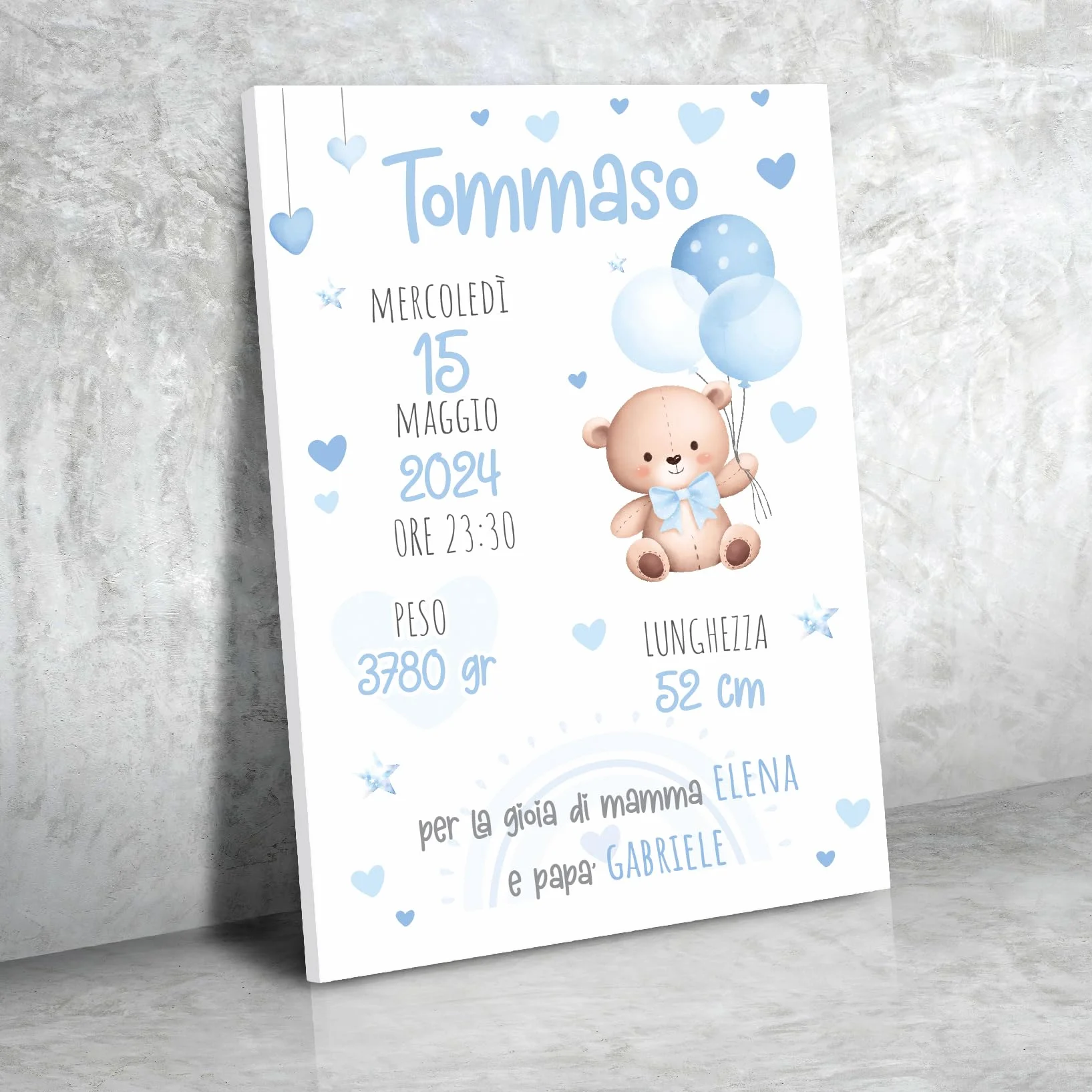 Generico Quadro personalizzato nascita, tre modelli, tre colori, idea regalo per nascit, arredo cameretta decorazione 20x30cm (AZZURRO)