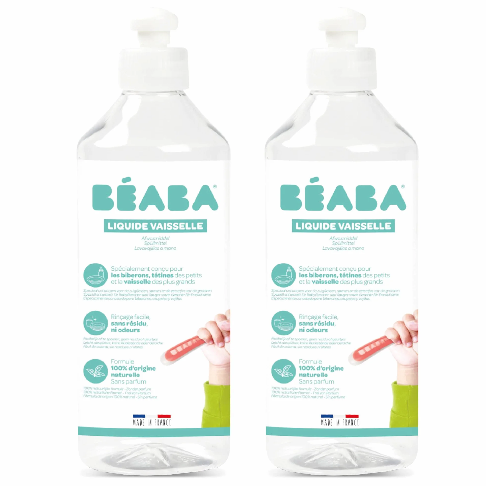 BÉABA, Detergente per biberon e accessori per la pappa, 100% di origine naturale, prodotto in Francia, senza profumo, flaconi 100% biodegradabili, lotto di 2x500 ml
