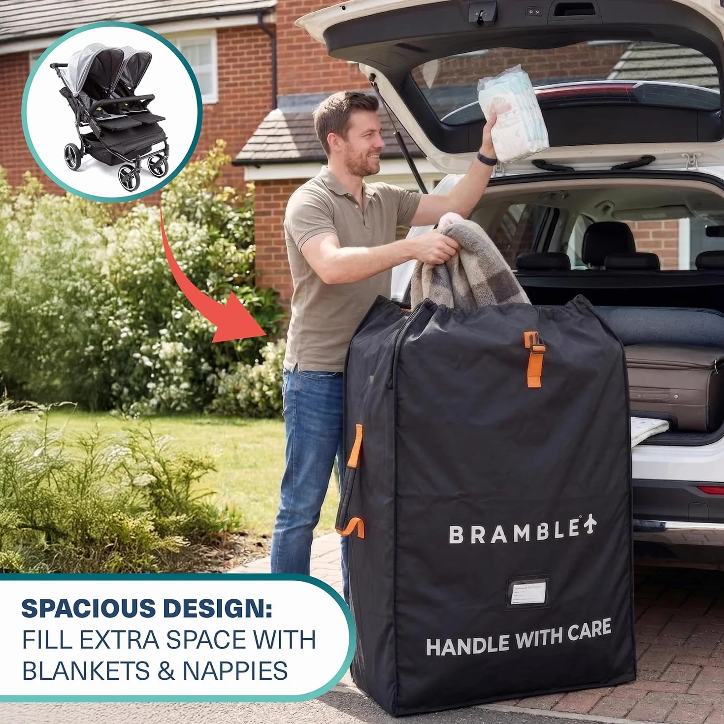 Bramble - Borsa da Trasporto Passeggino Gemellare XL per Aereo Gate Check - Nylon Balistico Idrorepellente con Spallacci Neoprene, Sacca & Finestra ID - 100 x 65 x 40 cm (Nero)