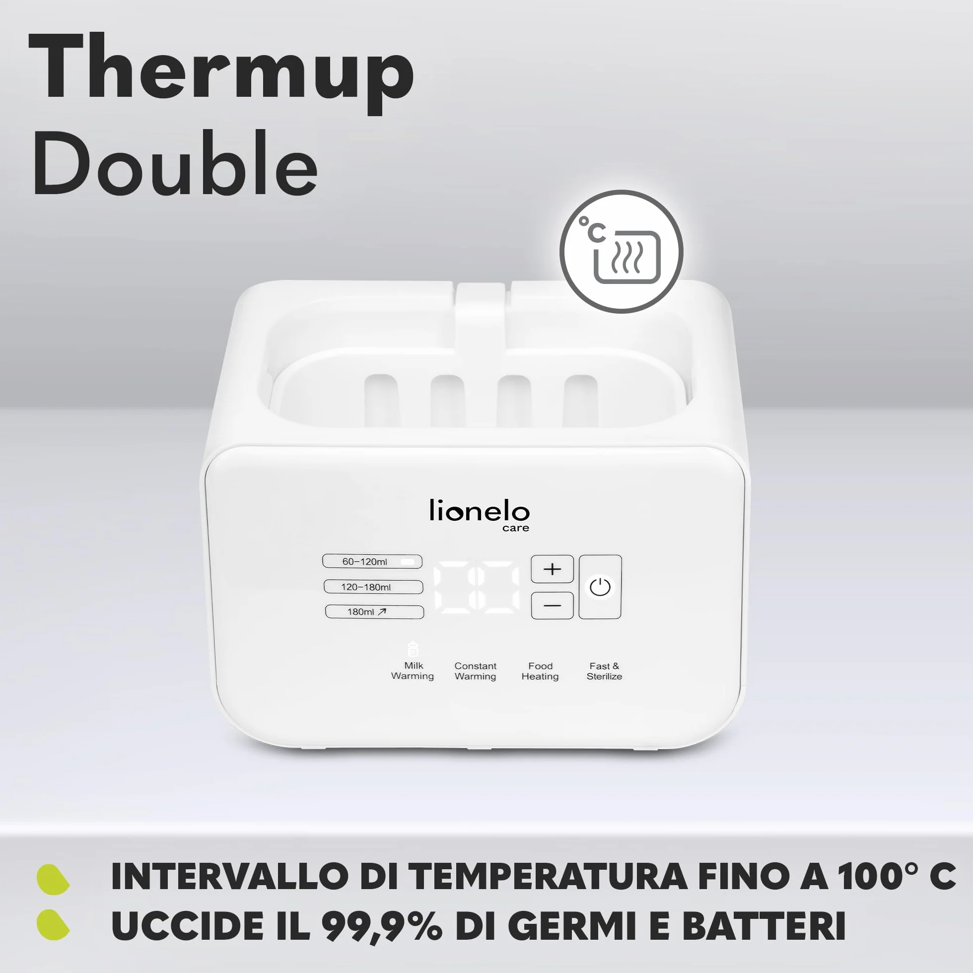 LIONELO Thermup Double scaldabiberon elettrico doppio, Sterilizzatore, scalda pappe e biberon, scongelamento latte, riscaldamento rapido 3-5 minuti, 6 funzioni