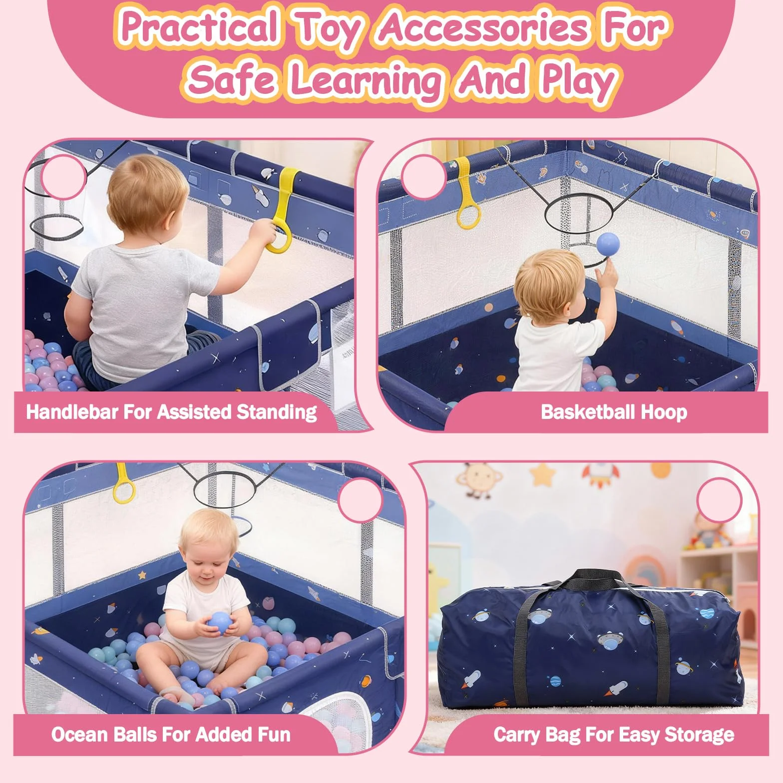 Box per bambini, 130 x 130 x 66 cm, box con anelli di trazione, palline, rete traspirante, fondo antiscivolo, parco giochi di sicurezza per bambini (cartone animato, 130 cm)