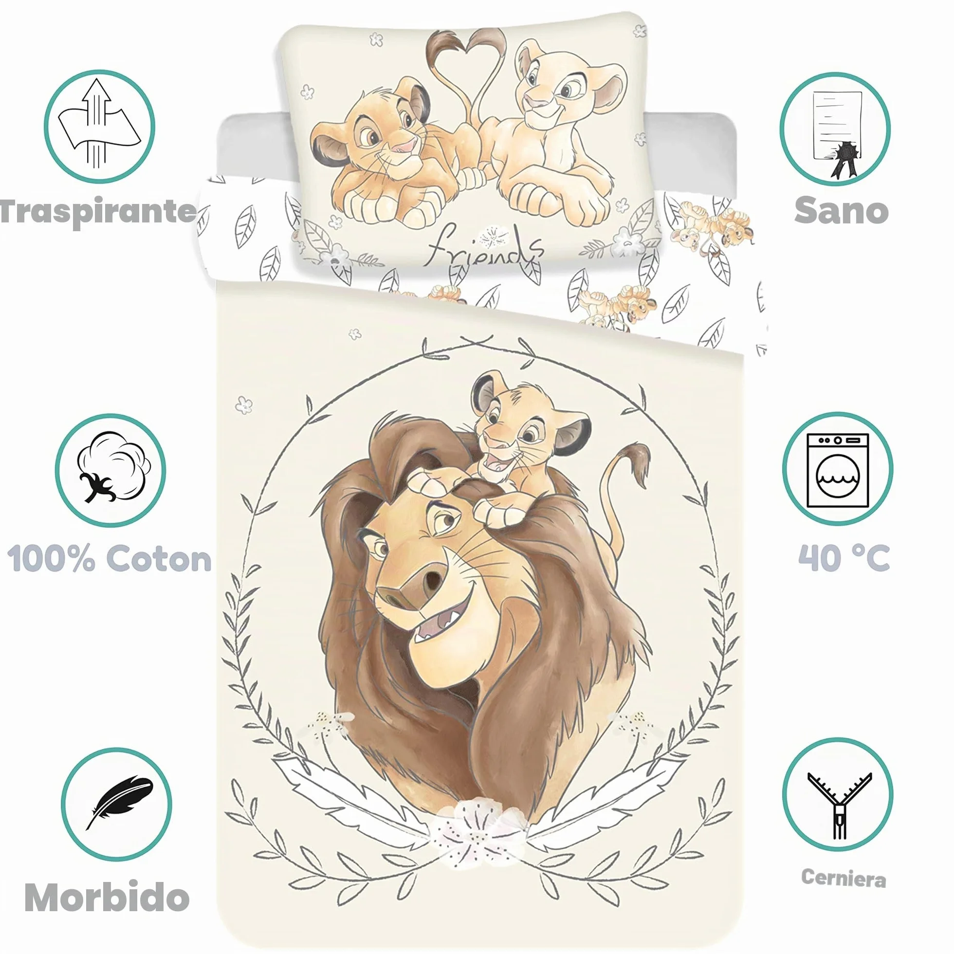 Disney, Il Re Leone, Simba e Mufasa, set di biancheria per lettino, copripiumino e federa, 100% cotone, 100 x 135 cm