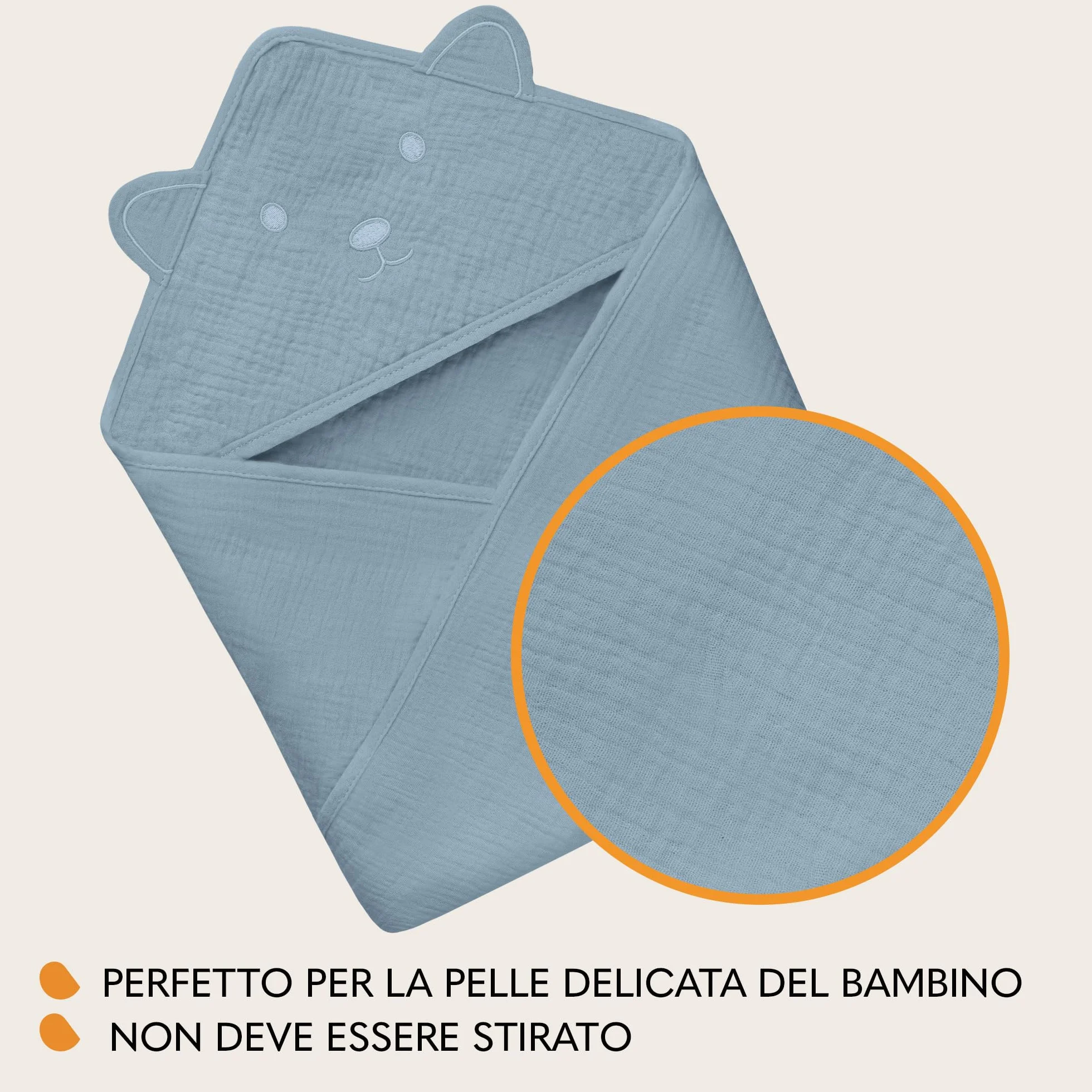 lionelo MUSLIN HOODED TOWEL Asciugamano con Cappuccio 80x80cm per neonato 100% Cotone Naturale Swaddle in Mussola dopo Bagnetto Mantella da Bagno Traspirante Morbida per Bambini (Blu, 80x80 cm)