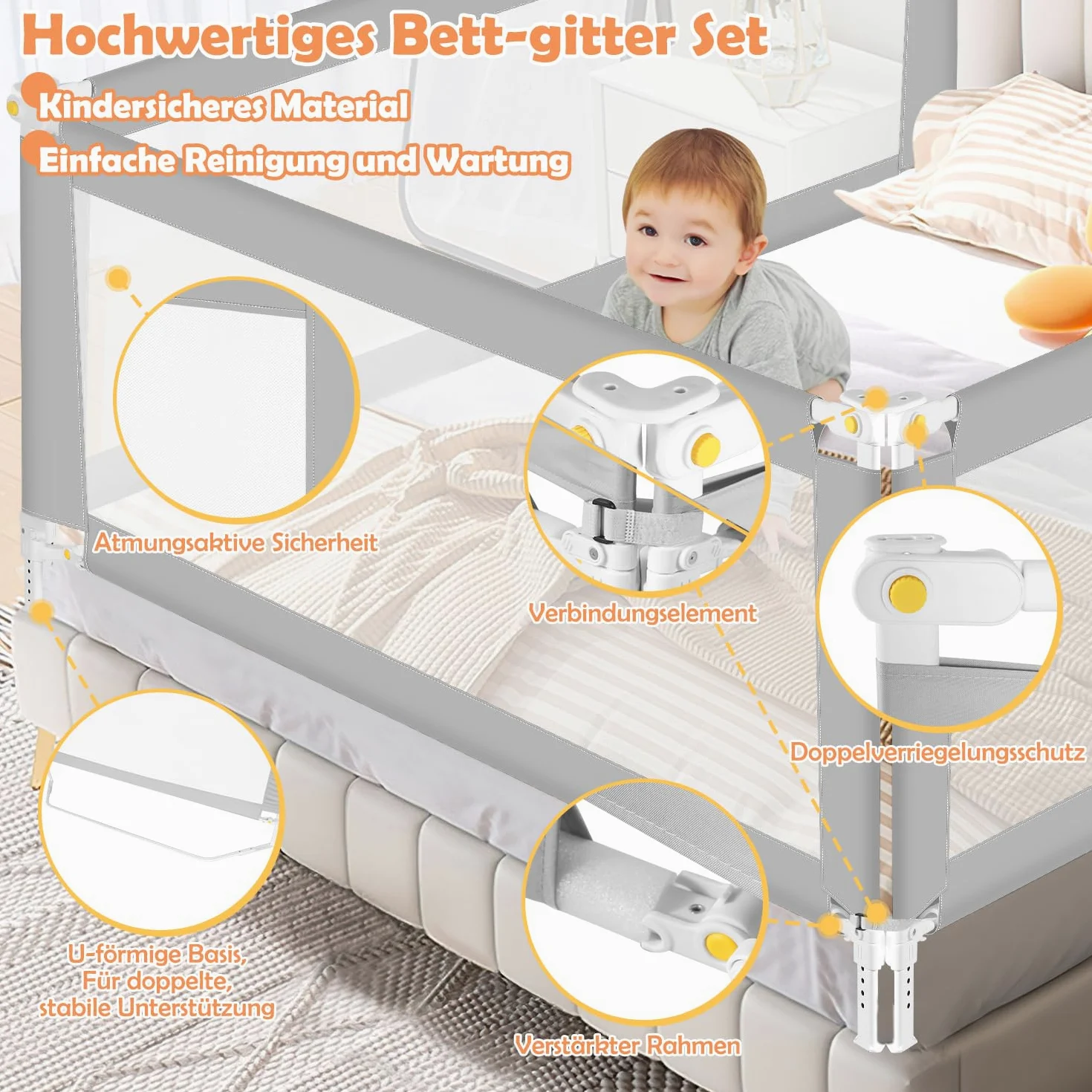 Ikodm Griglia per letto 200 cm x 2 + 150 cm x 1 cm, pieghevole con base a forma di U, griglia di protezione per lettino, altezza regolabile 68-95 cm, per bambini e letti dei genitori, grigio