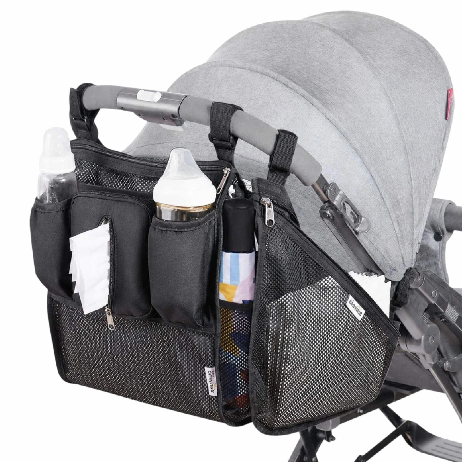 SUNVENO Organizer universale 2 in 1 per passeggino, portabicchieri isolati, tasca per telefono/polso con cerniera, tracolla laterale in rete, cinghie antiscivolo regolabili, si adatta alla maggior