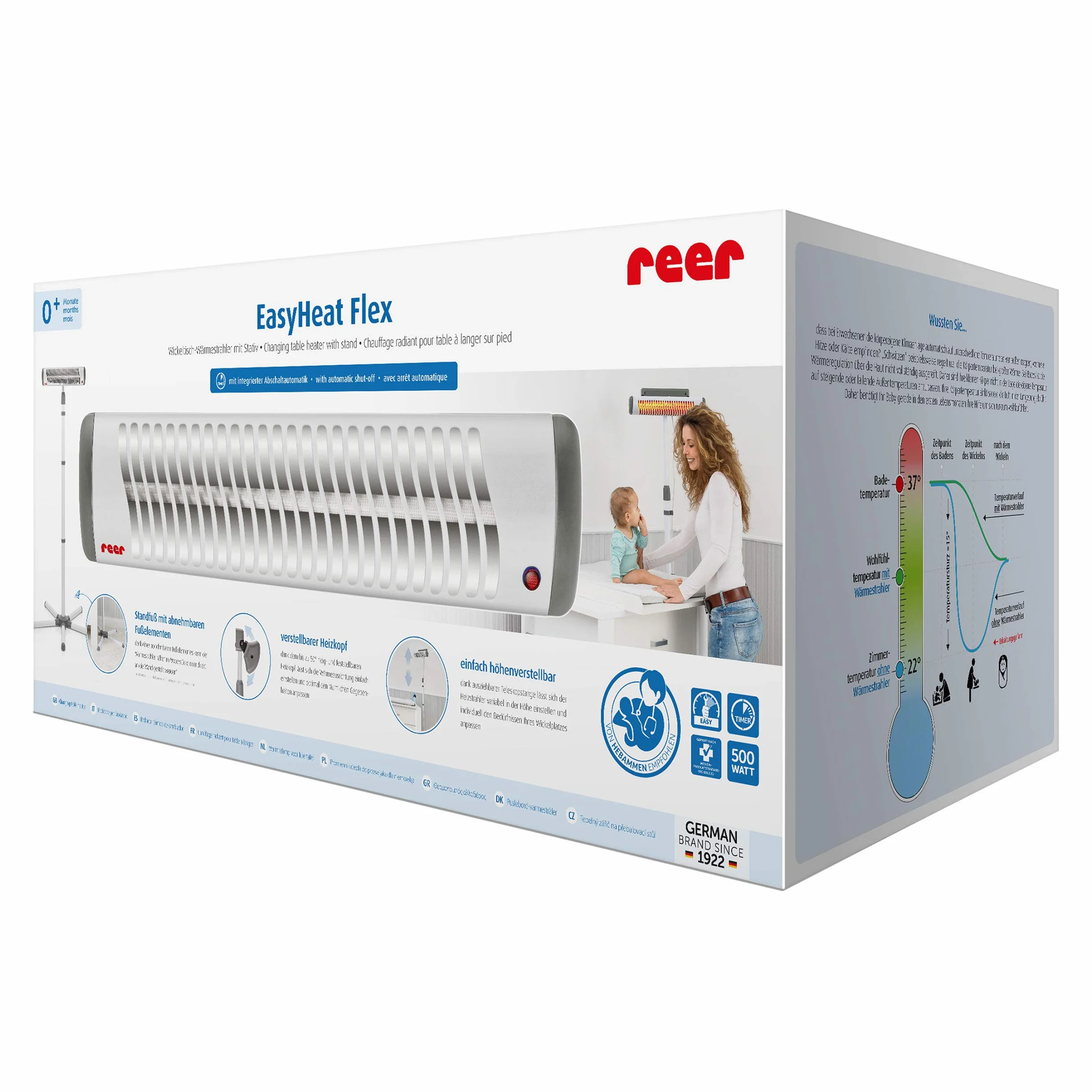Reer EasyHeat Flex fasciatoio riscaldatore radiante con supporto lampada riscaldante per bambini design compatto 1 pezzo (1 confezione) bianco, 230V/500W