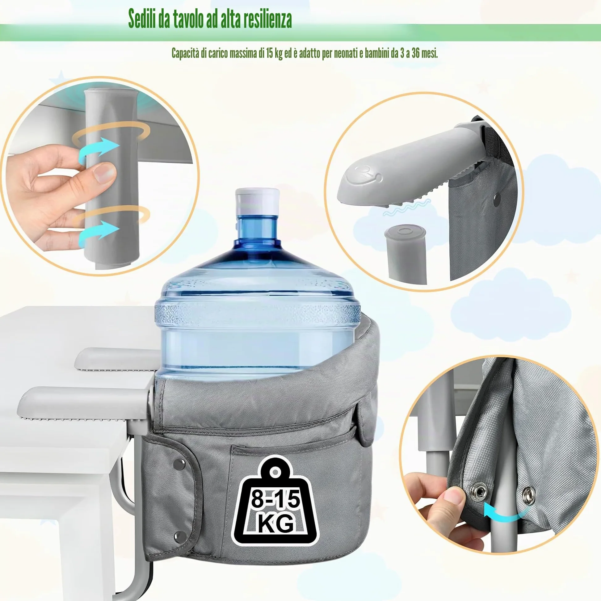 Seggiolini da Tavolo Pieghevoli per Bambini con Cintura di Sicurezza a 3 Punti e Morsetti Antiscivolo Ergonomici Rialzi Sedia Fino a 15KG per la Sala da Pranzo, Casa e i Viaggi (Grigio)
