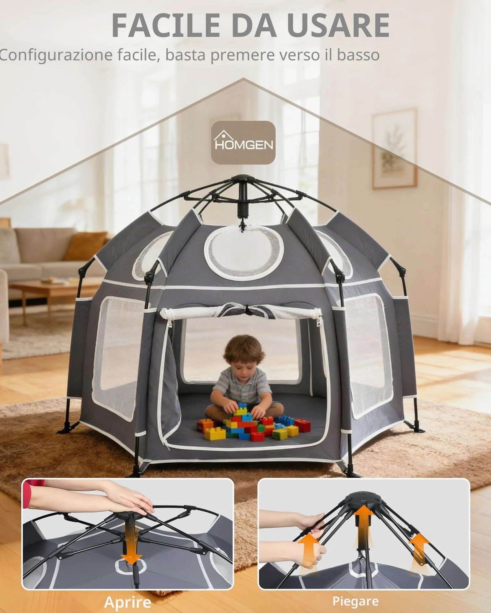 HOMGEN Box Pieghevole POP-UP 150x110 cm con Copertura UV Rimovibile in Tessuto Oxford 210D Box da Esterno per Bambini Portatile in Rete per Spiaggia, Parco e Casa