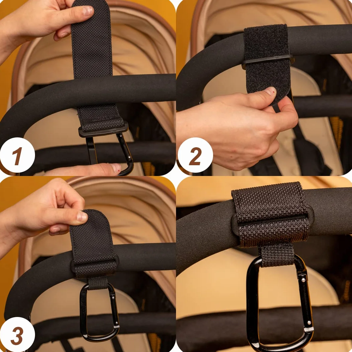 4 Pezzi Ganci Passeggino Universali Macla - Ganci per Passeggino Porta Borse in Alluminio - Portaoggetti Passeggino con Chiusura Regolabile in Velcro - Design Elegante e Cuciture Extra Forti