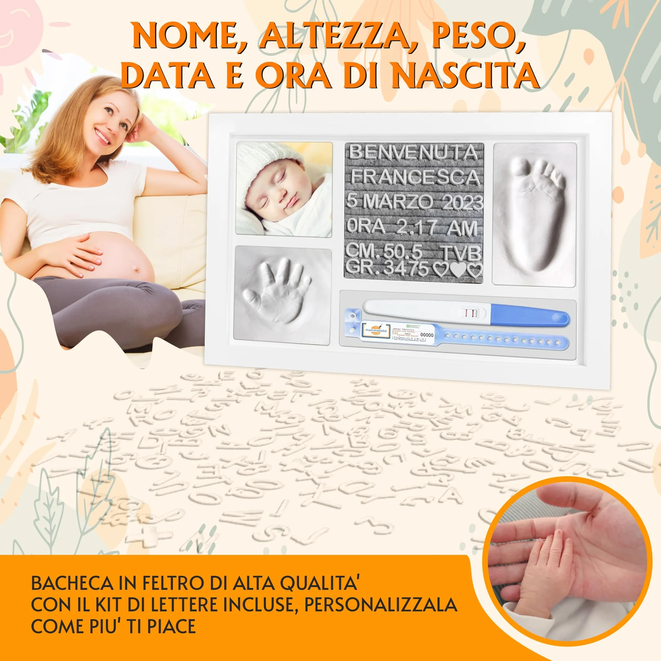 Impronta Mani e Piedi Neonati Kit Cornice Personalizzata Impronte Neonato Quadretto Nascita Bimbo Felt Board con Lettere e Numeri