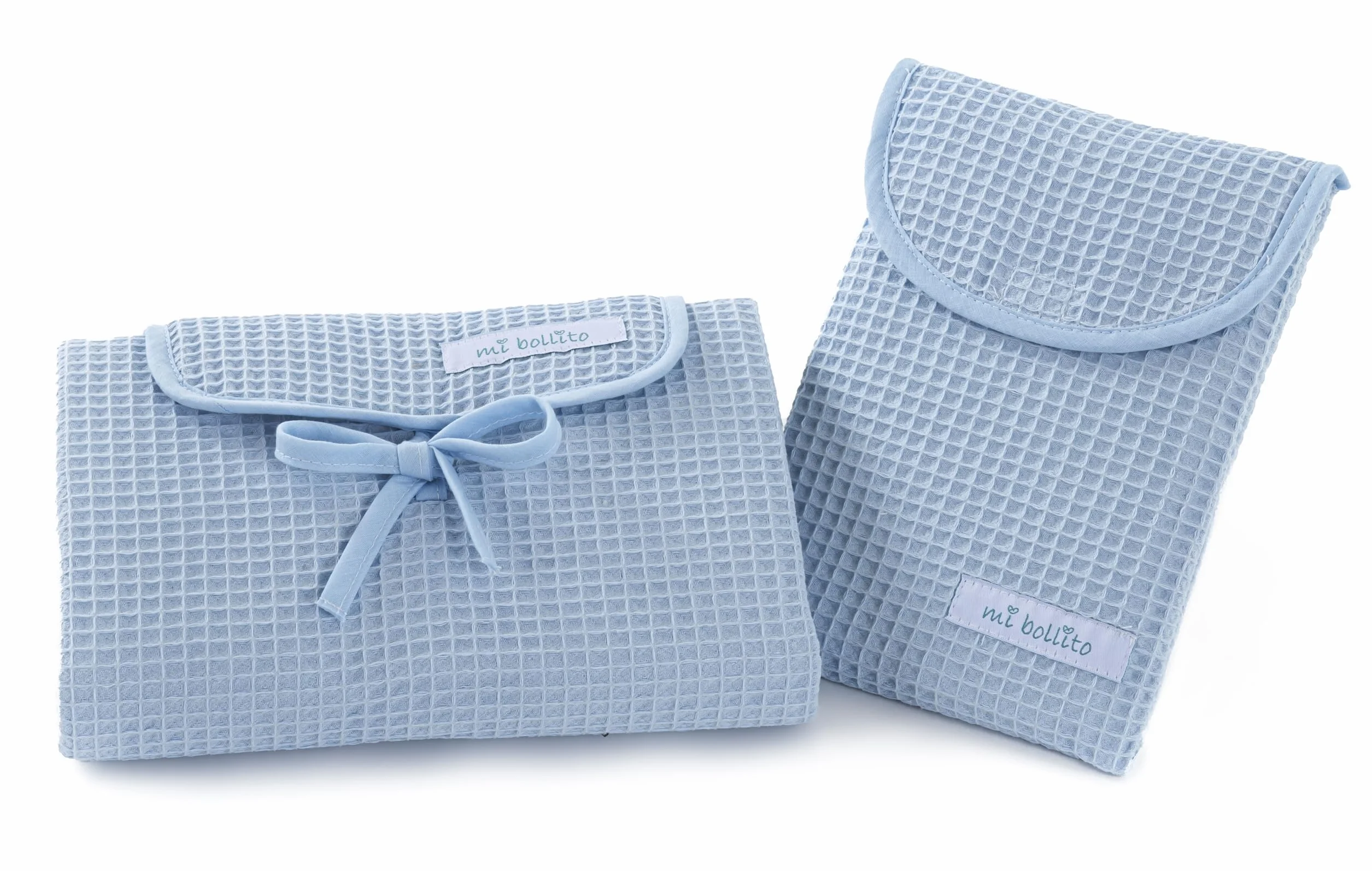 Set di 2 pezzi, fasciatoio impermeabile e borsa per pannolini per pannolini e salviette. Prodotto interamente in Spagna. (Blu chiaro)