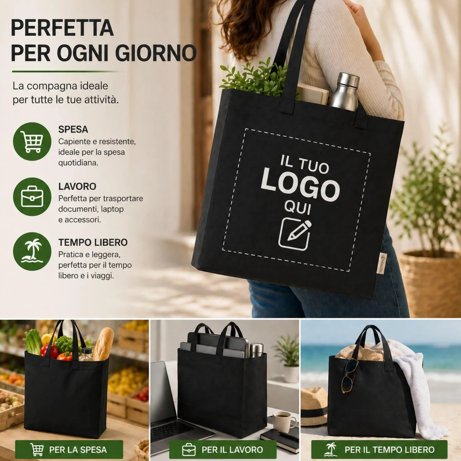 VENEZIANO Shopper personalizzata Canvas 220gsm 40x35x12 cm con Soffietto e Manici Lunghi – Shopper Resistente Riutilizzabile – Personalizzabile per Stampa, Gadget e Uso Quotidiano