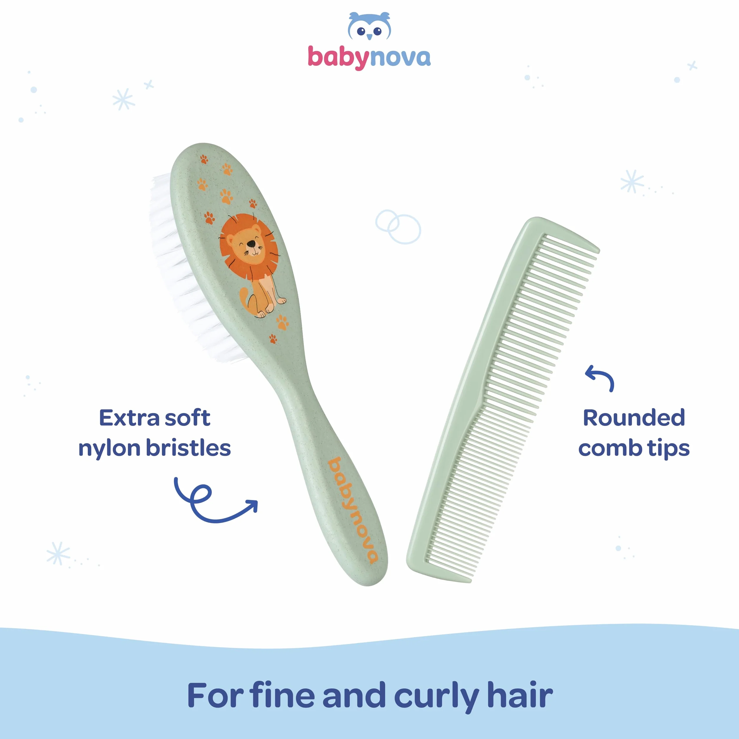 babynova Set Pettine & Spazzola – Set Cura dei Capelli con Setole in Nylon Naturale Ultra Morbide per Bambini & Neonati – Cura Delicata per Cuti Sensibili – Senza BPA – Verde leone