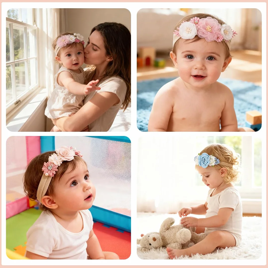 Set 3 Fasce Capelli Neonato – Fascia elastica morbida con fiocchi e fiori, Accessori capelli bambina per foto, uso quotidiano e idea regalo