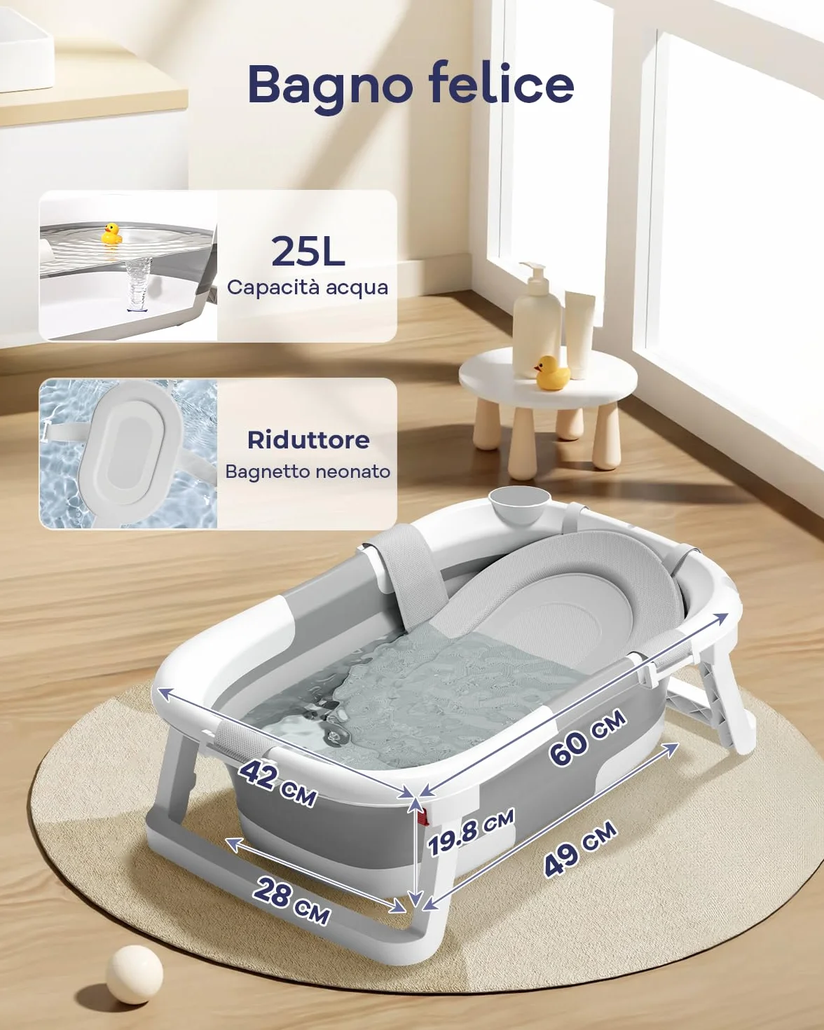 2 in 1 Bagnetto neonato con supporto, vaschetta da bagno con rete di sostegno per neonati e bambini piccoli, design multiuso e pieghevole per riporla facilmente, grigia