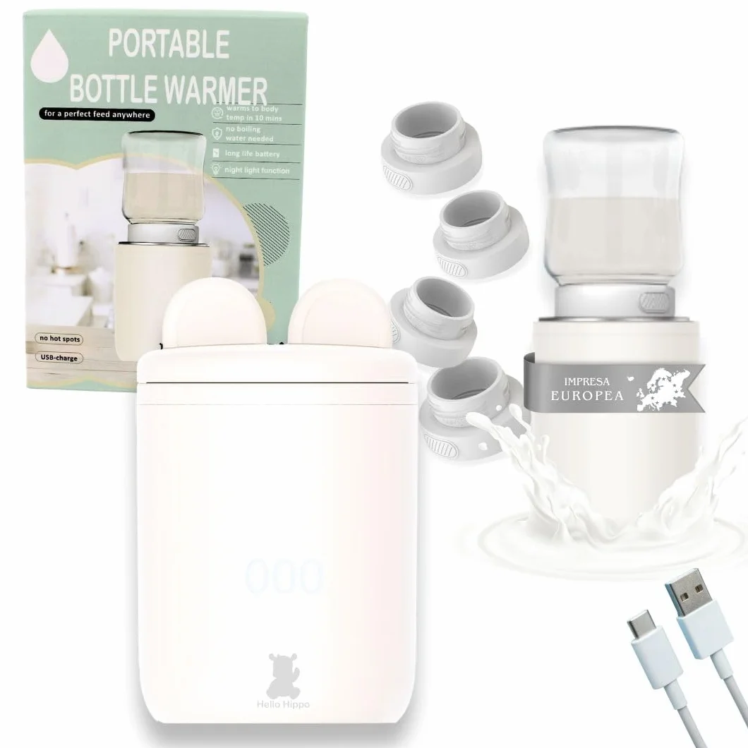 Hello Hippo - Scaldabiberon Portatile e Compatto | USB-C Ricaricabile, Antigoccia, Compatibile con Philips Avent, MAM, NUK | 4 Temperature Regolabili | Riscaldamento Rapido ed Efficiente