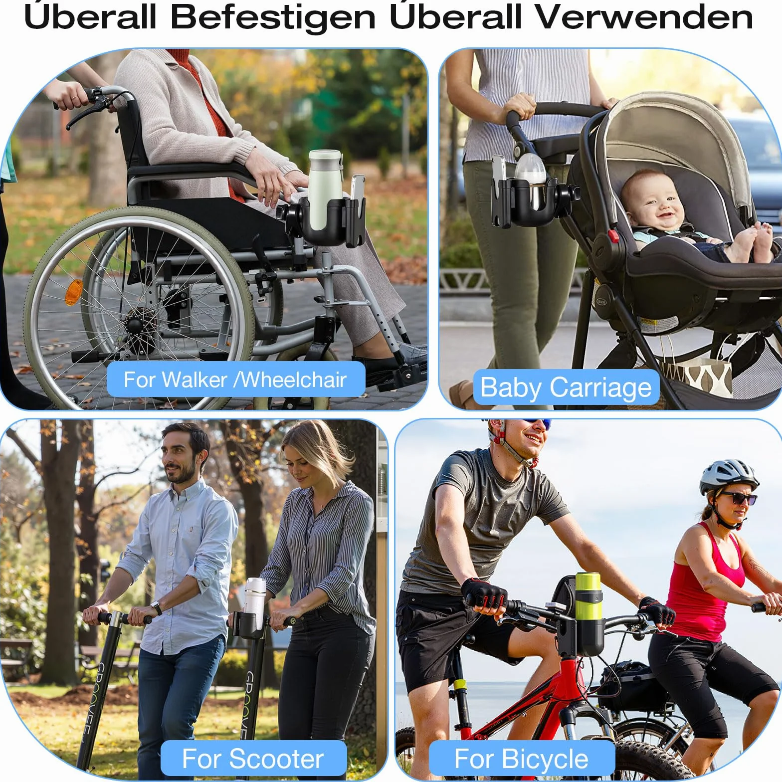 2 in 1 Portabicchieri per Passeggino, Portabicchieri Universale per Passeggino con 2 Ganci per Passeggino,per Bici, Passeggino, Sedia a Rotelle, Deambulatore, Bicicletta