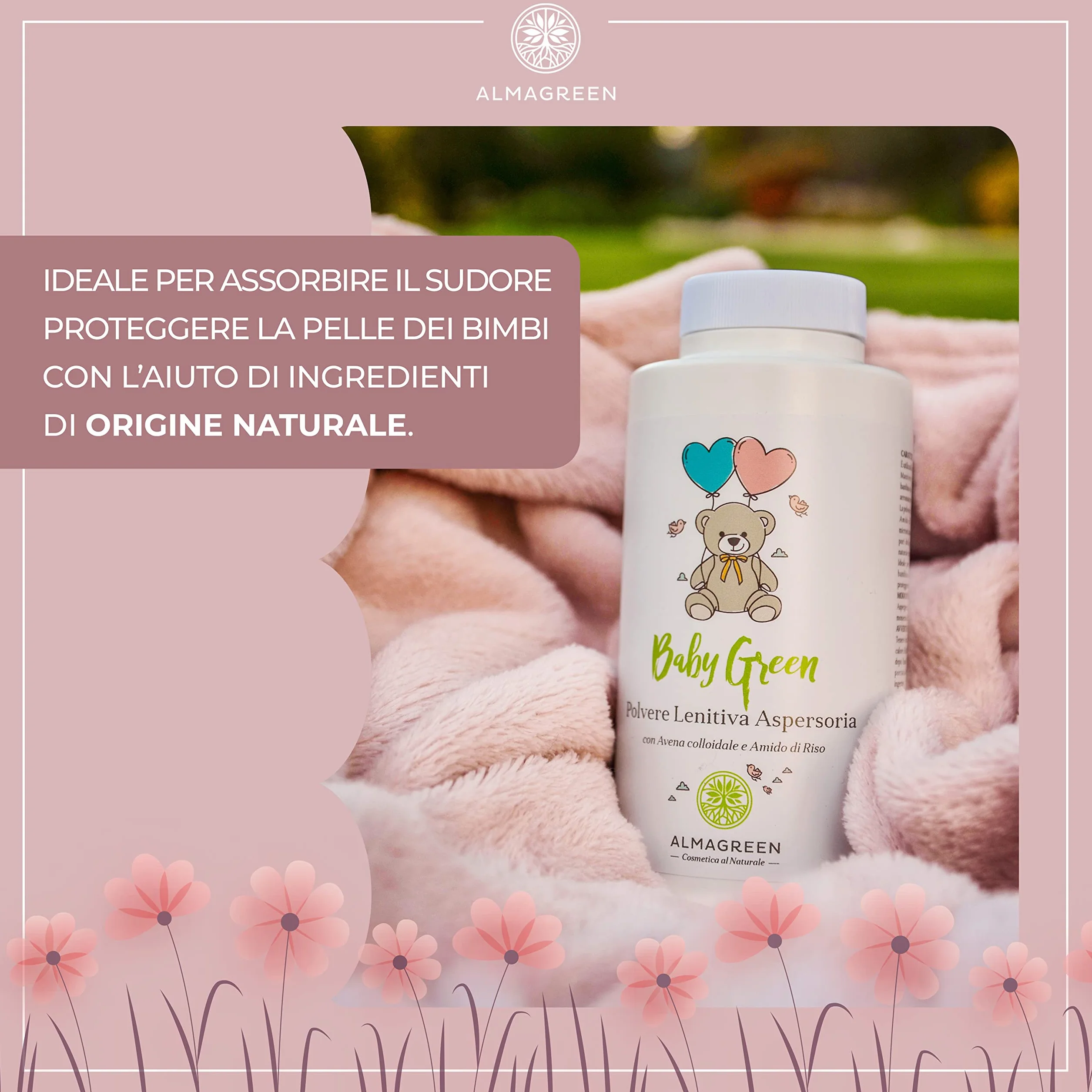 Almagreen Polvere aspersoria lenitiva e protettiva, Talco per cambio pannolino e bagnetto bimbi, 150 gr