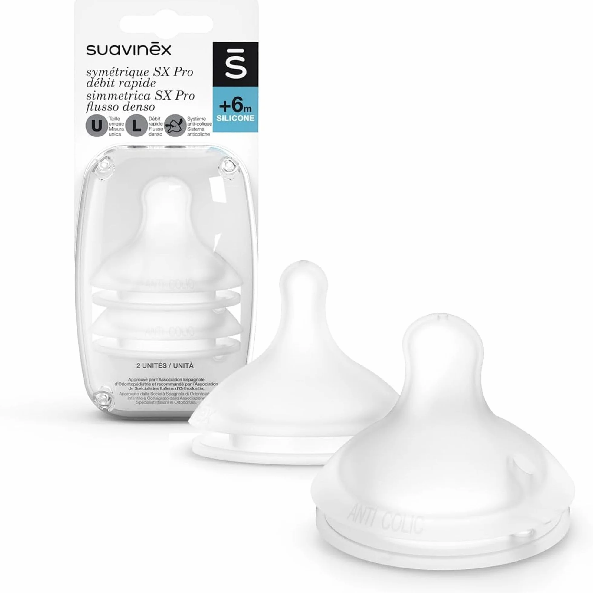 Suavinex 307388, Confezione 2 Tettarelle Simmetriche in Silicone SX Pro, Flusso Denso per Latte o Liquidi Densi, 6 Mesi, con Sistema Anticoliche
