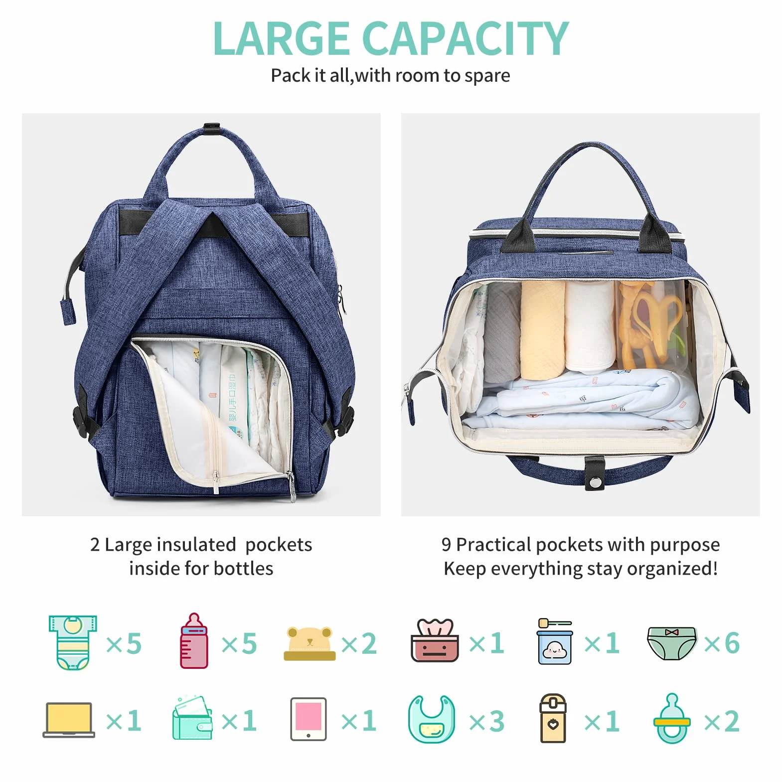 Viedouce Borsa per Pannolini Zaino Fasciatoio, Zaino Mamma, Borsa Cambio da Viaggio, Impermeabile Resistente Ai Graffi Stoffa Oxford Grande Capacità Borsa, con 2 Ganci di passeggino