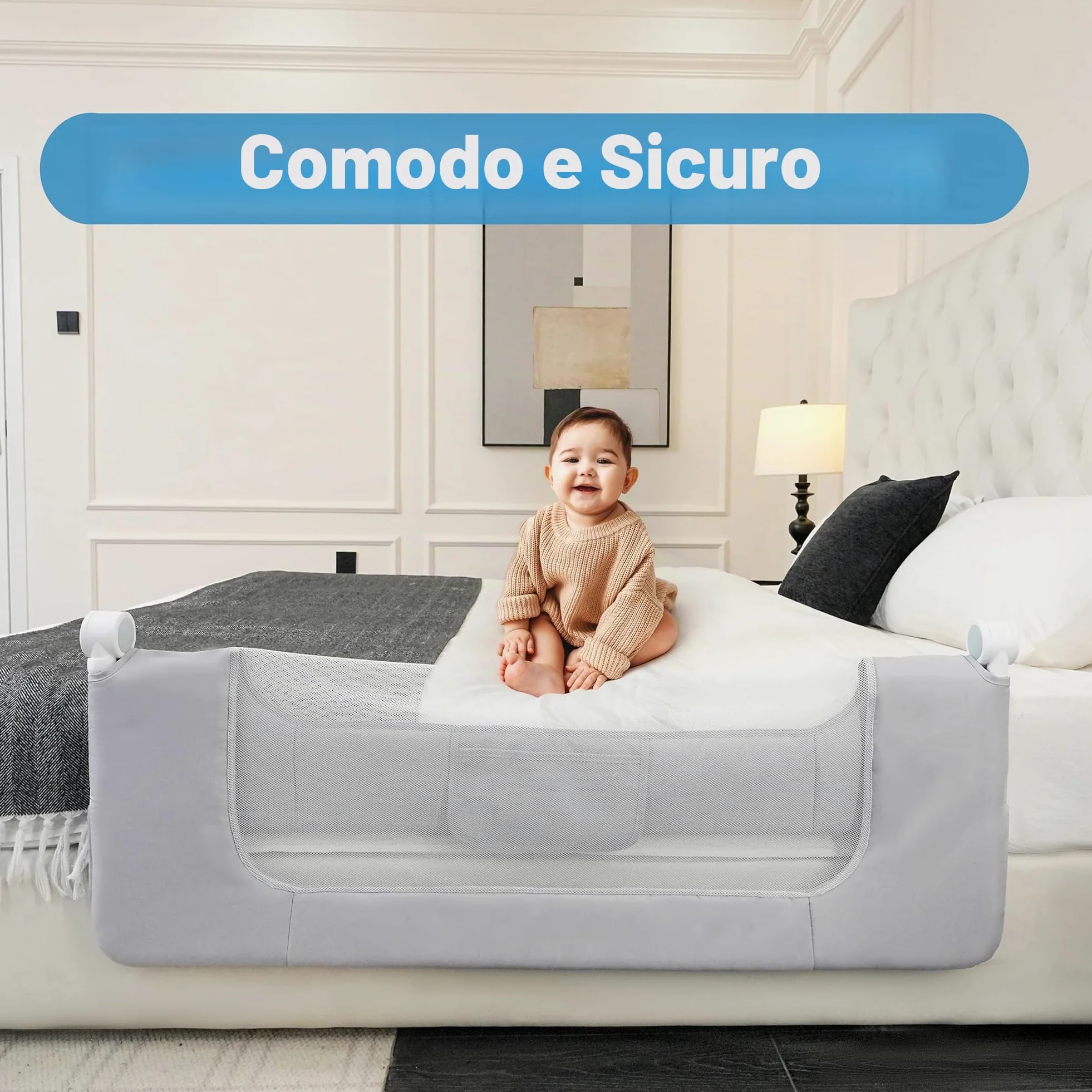 Sponda per letto per bambini, pieghevole, 32in / 85 cm di altezza, regolabile, protezione di sicurezza per bambini, universale, per letti doppi/matrimoniali/king/queen size.