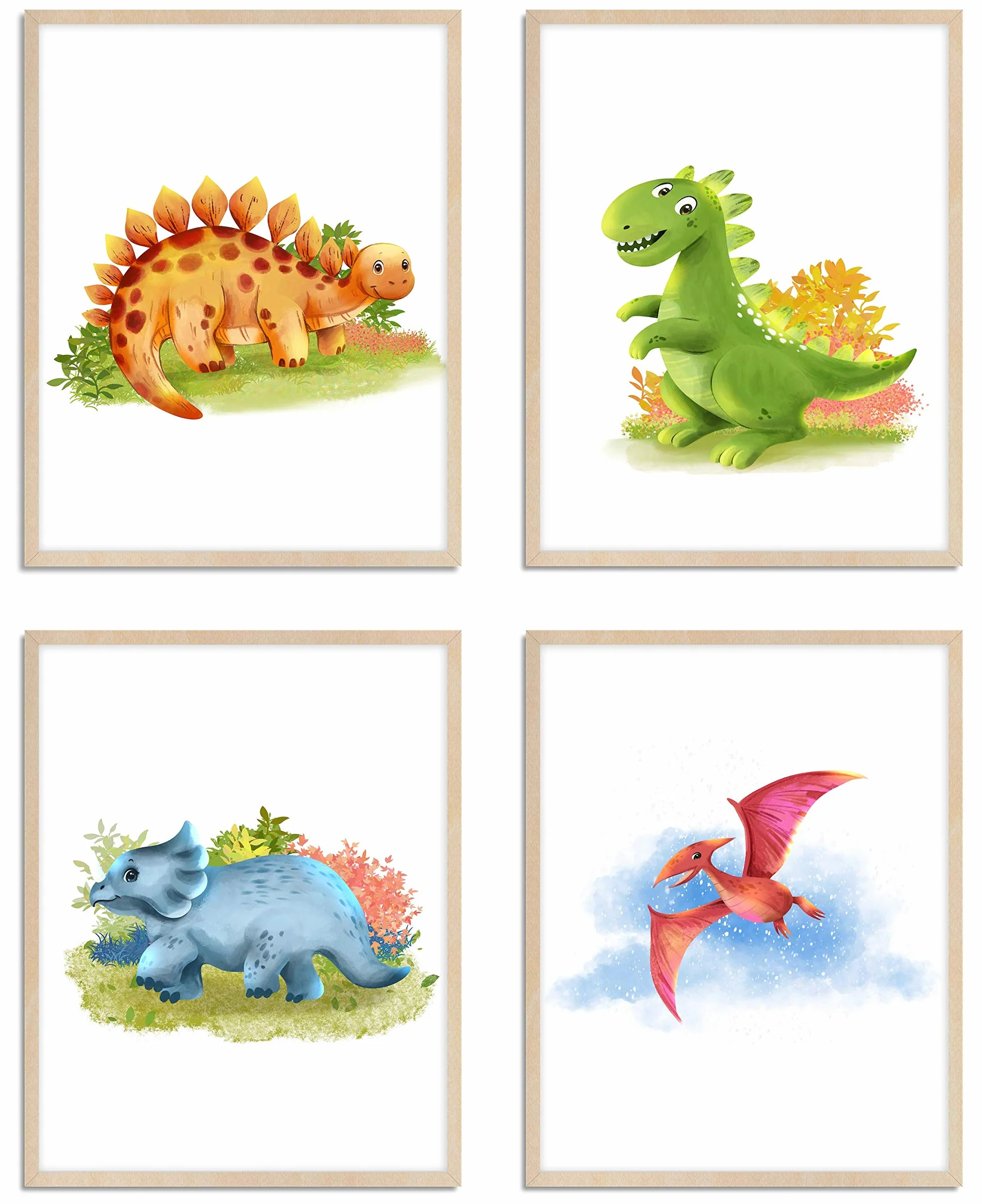 Set di 4 immagini dinosauri per cameretta dei bambini e cameretta dei bambini, poster DIN A4, animali T-Rex (senza cornice)