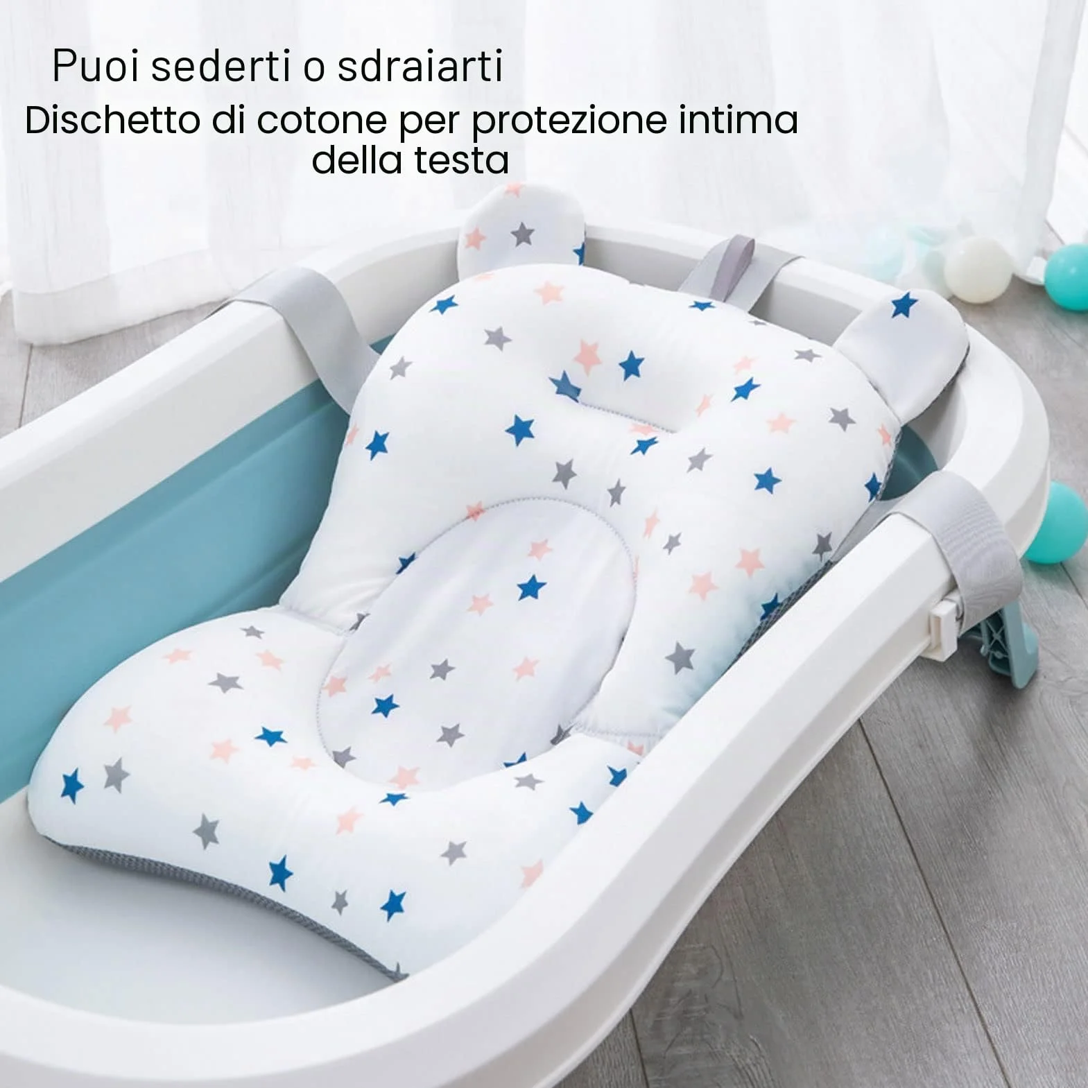 Sostenitore del Bagnetto per Neonati, Cuscino per Sedile Regolabile per Vasca da Bagno Pieghevole Morbido per Bagno per Bambini (Stelle bianche)