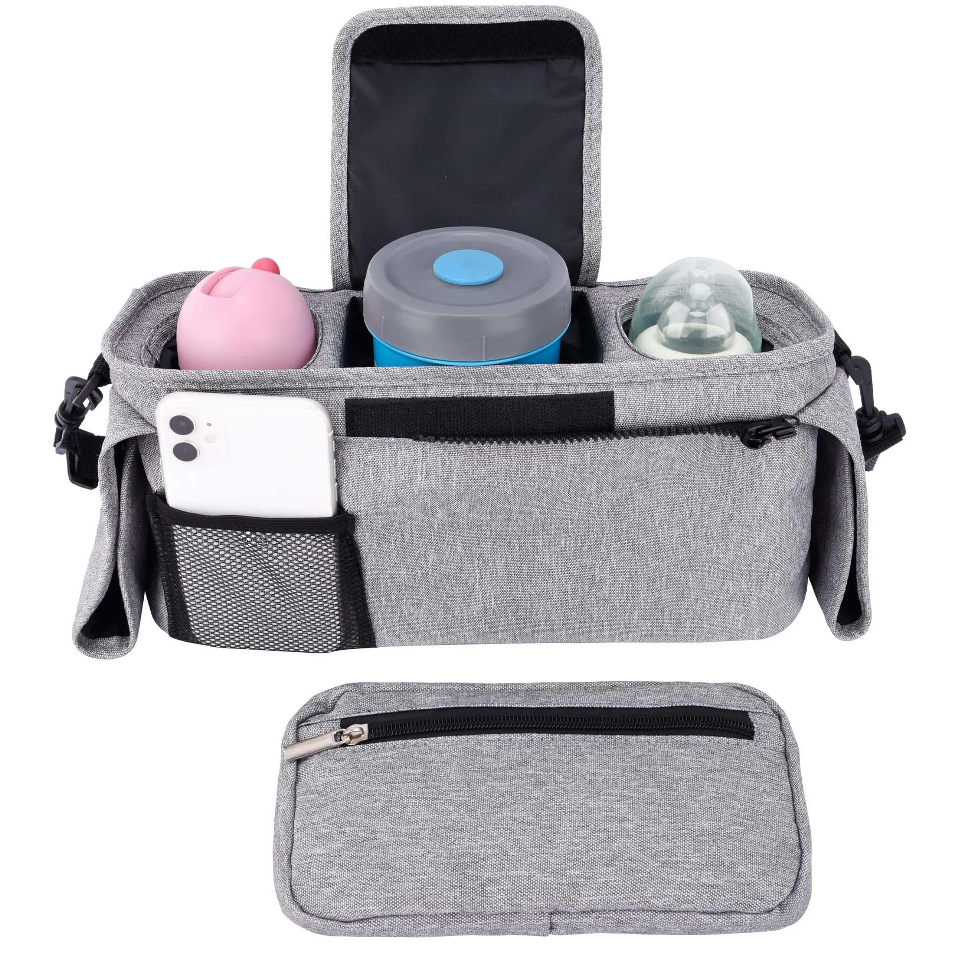 Bebamour Organizzatore per passeggino e ganci per passeggino 2PCS Borsa per carrozzina Organizzatore per passeggino Borsa di stoccaggio con tasca staccabile Tasca per cellulare Organizzatore,Grey