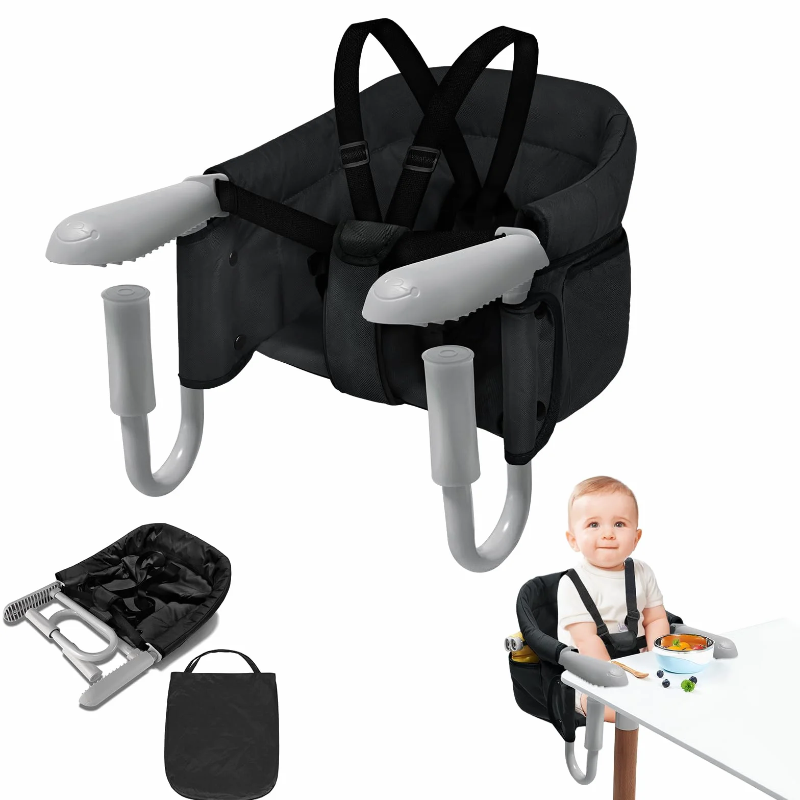 ACXIN Seggiolino da tavolo, seggiolone con borsa per il trasporto, seggiolone di alta qualità, per ristoranti, viaggi e co, portata fino a 15 kg (nero)