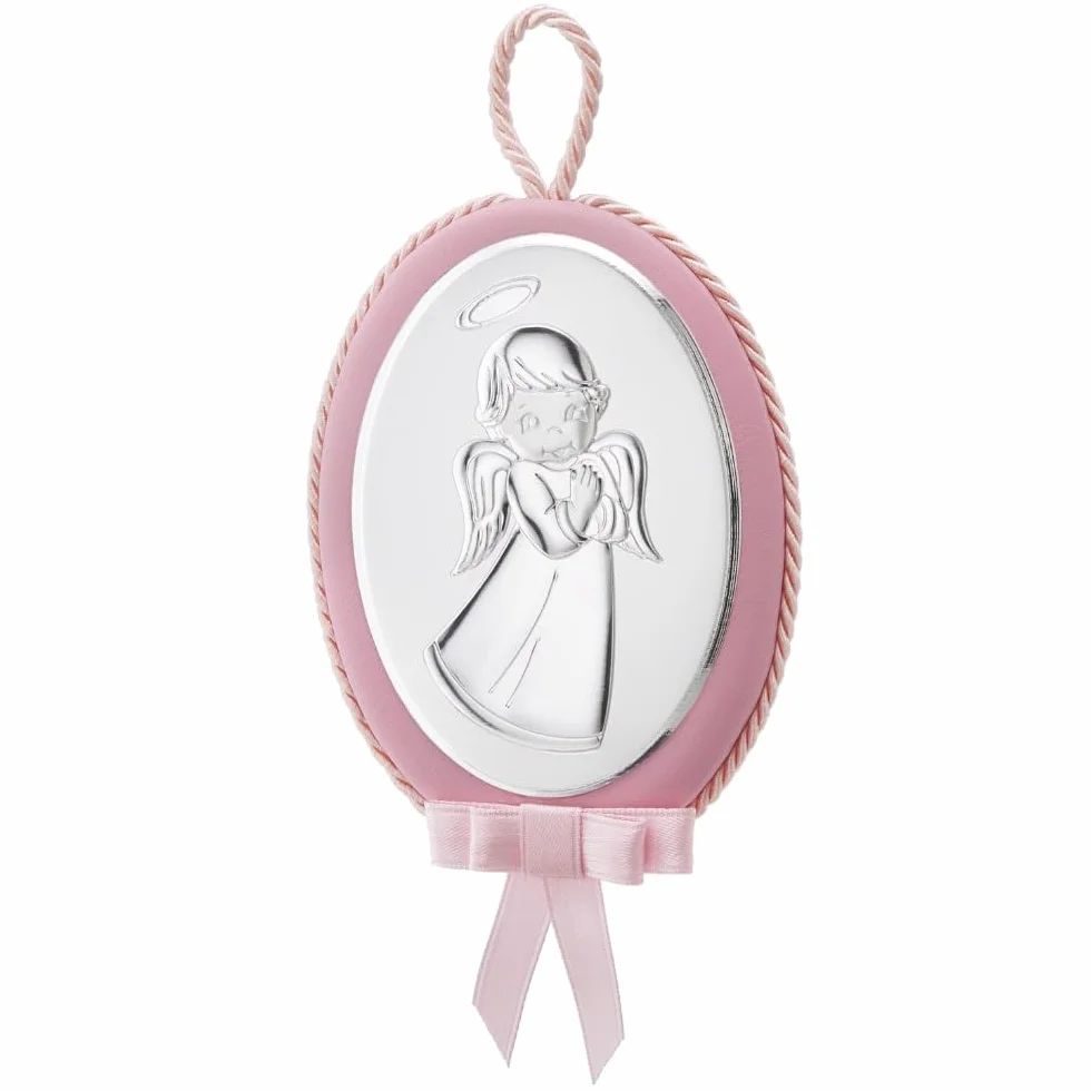 Medaglione Musicale Capoculla Sopraculla Ovale con Angelo in Argento, Personalizzabile con Incisione del Nome, Idea Regalo per Nascita o Battesimo da Appendere alla Culla del Neonato Rosa
