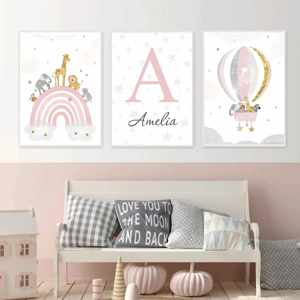 Youihom 3 posteri camera da letto ragazza tavolo bebe arcobaleno mongolfiera animali rosa tela con nome personalizzato parete art déco regalo senza cornice