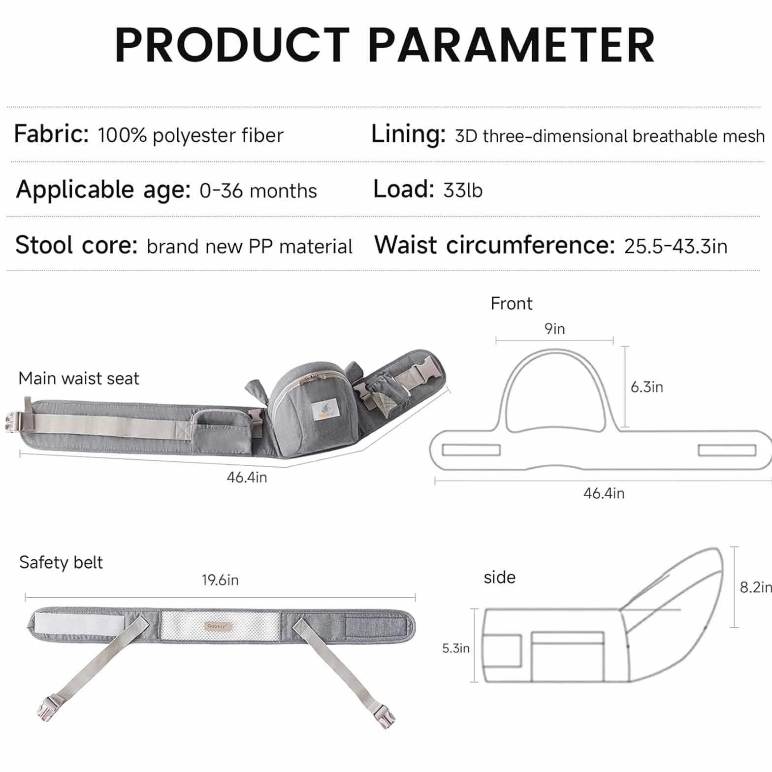 Seggiolino ergonomico con cintura di sicurezza in puro cotone traspirante 0-36 mesi (grigio scuro)