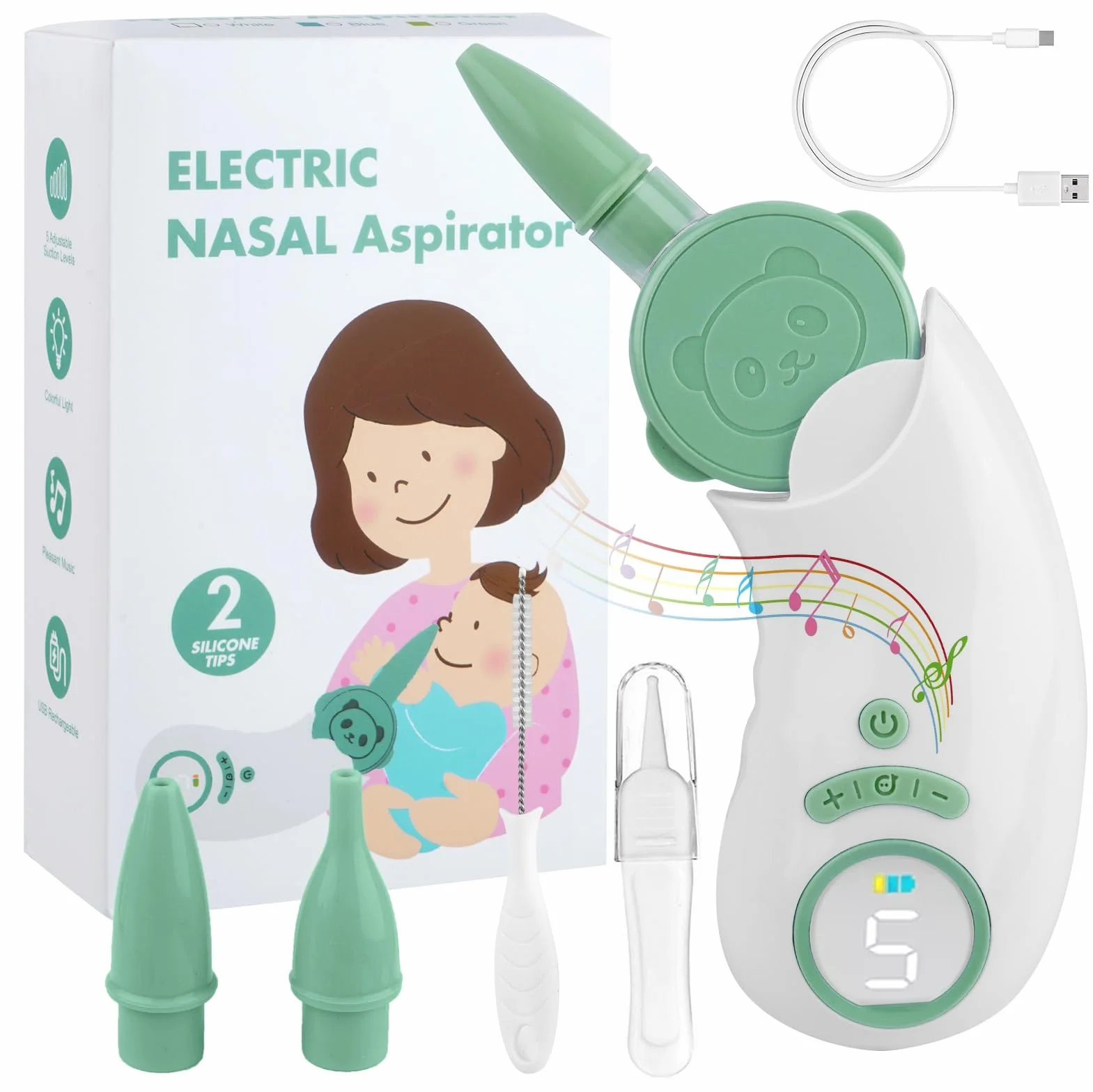 Aspiratore Nasale Neonato Elettrico con 5 Livelli di Aspirazione, Aspiratore Nasale Elettrico con Display, Ricaricabile Aspira Muco Neonato con 2 Beccucci in Silicone, Pinzette e Funzione Musica